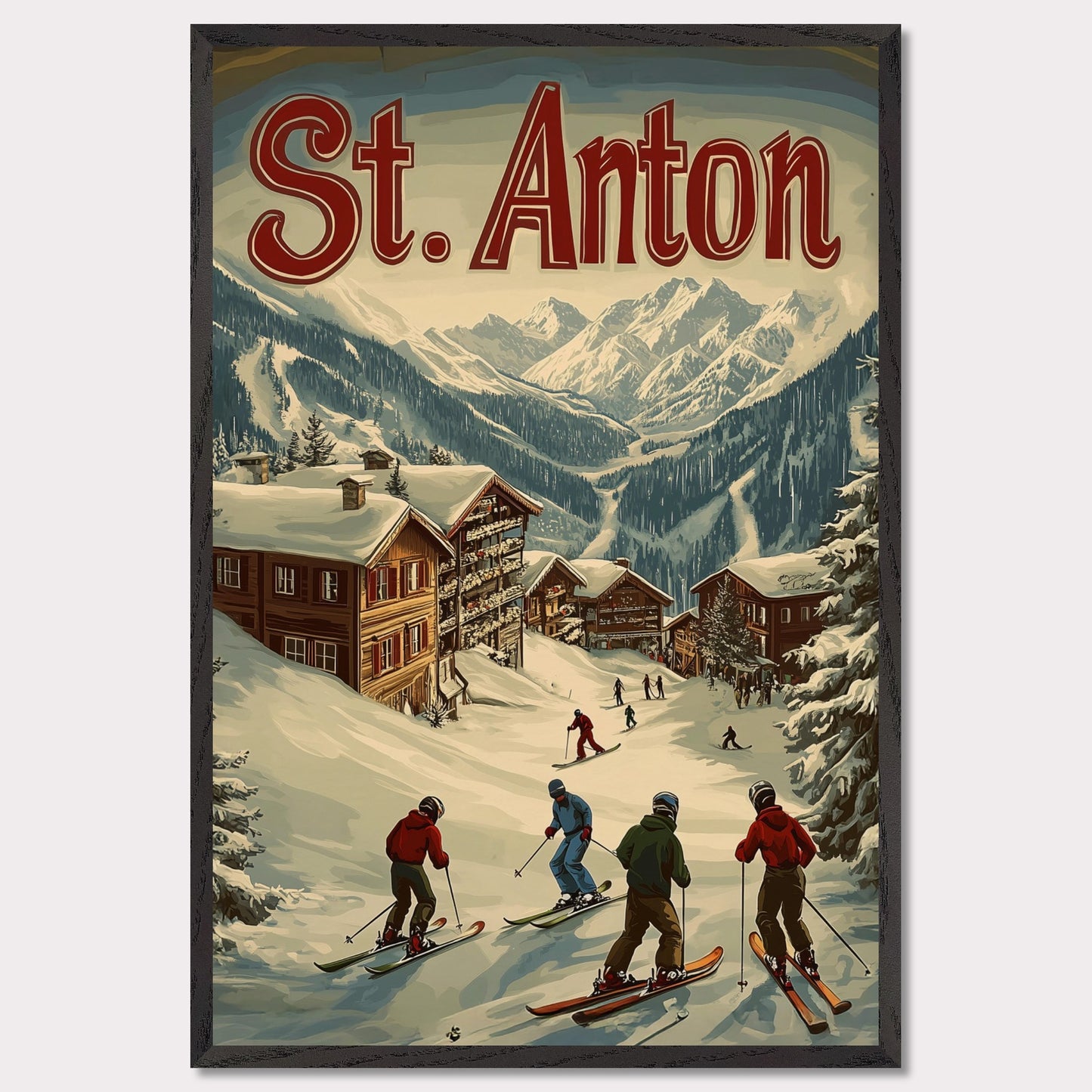 This stunning vintage-inspired poster depicts the idyllic town of St. Anton nestled beneath towering snow-capped peaks. The ski slopes are alive with activity, with skiers descending toward the charming wooden chalets. The warm hues in the sky add a sense of tranquility to the winter landscape, while the retro typography and art style transport the viewer to a time when winter holidays in the Alps were the height of elegance and adventure.