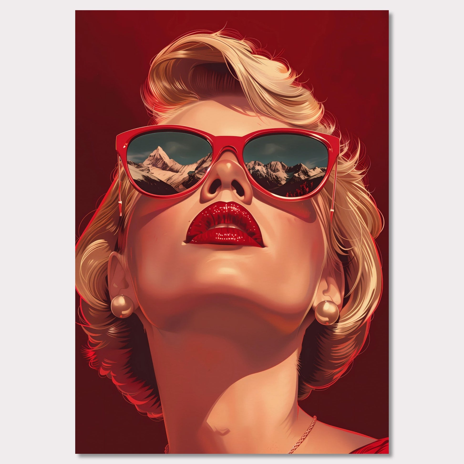 This striking artwork features a glamorous woman with blonde hair, wearing bold red sunglasses that reflect a stunning mountain landscape. Her vibrant red lips and pearl earrings add to the sophisticated and stylish aura of the piece.