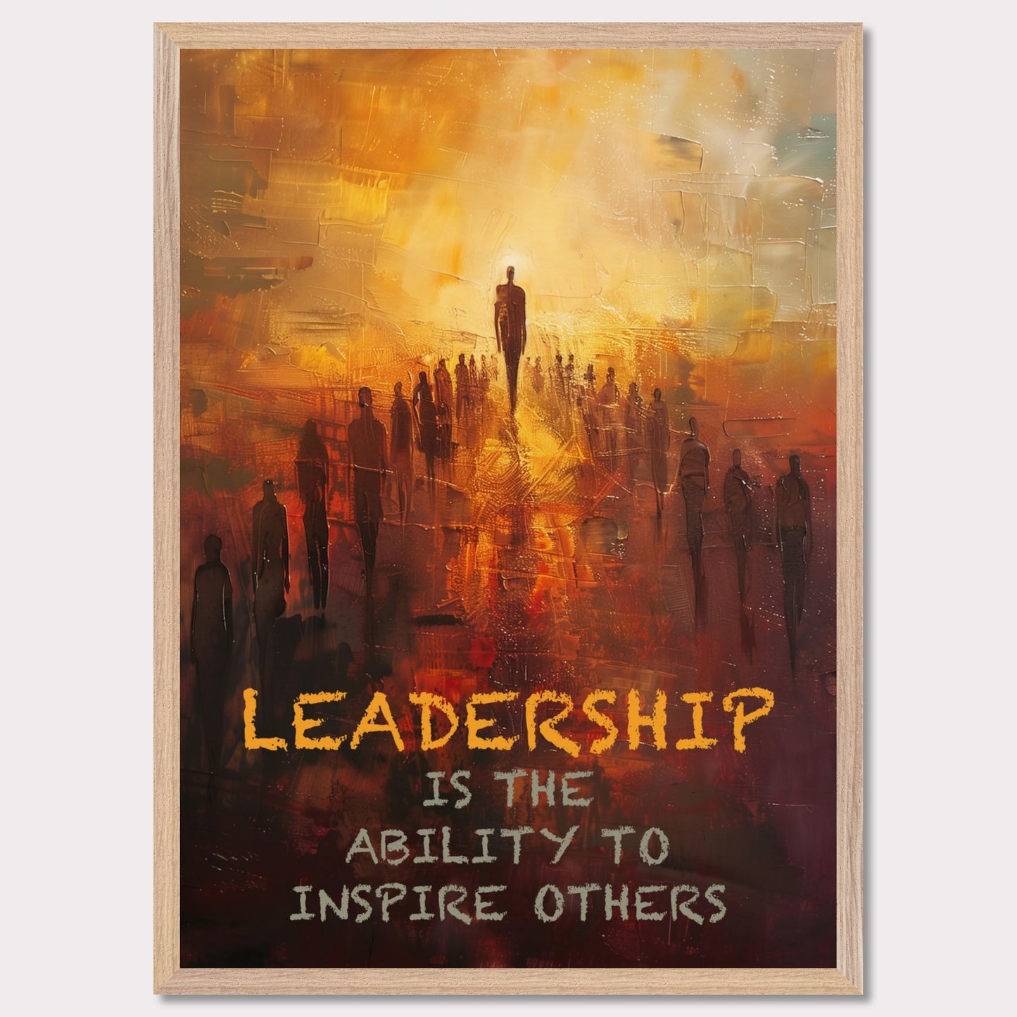 This image depicts a motivational poster with an abstract painting of a group of people following a prominent figure, symbolizing leadership. The background is a blend of warm colors like orange and yellow, creating a sense of inspiration and energy.