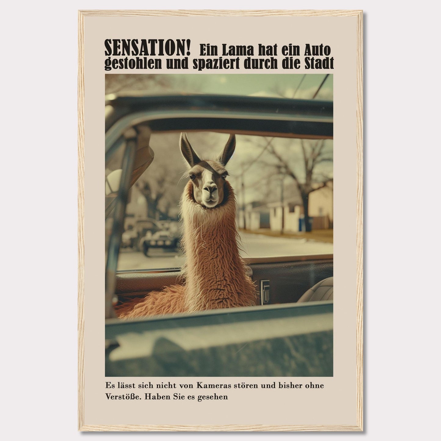 SENSATION! A llama has stolen a car and is strolling through the city.  It is not bothered by cameras and so far has committed no offenses. Have you seen it?