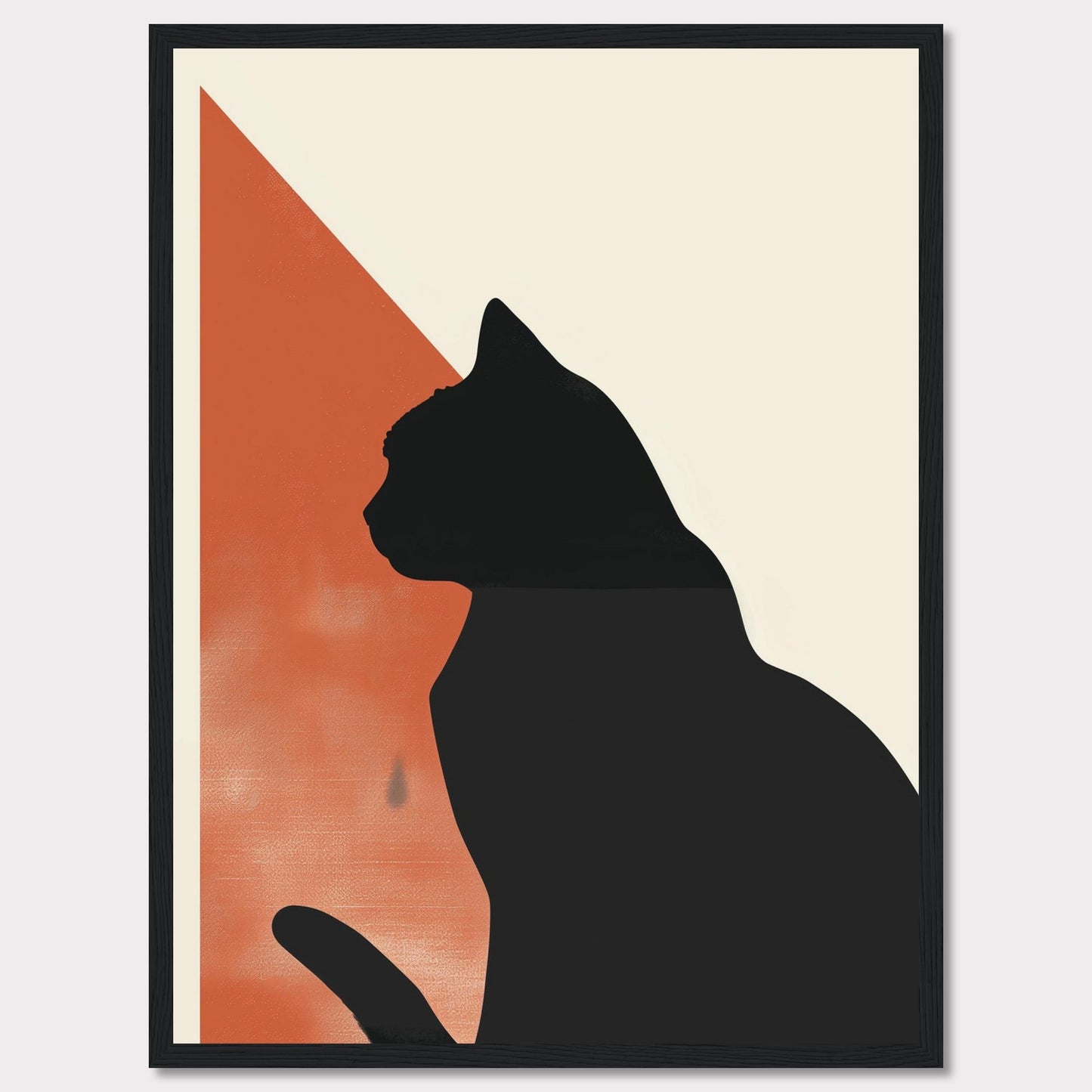 This minimalist art piece features the silhouette of a cat against a backdrop of contrasting colors. The design integrates a bold black cat figure with an orange and cream geometric background, creating a striking visual effect. The simplicity and elegance of this artwork make it a perfect addition to any modern living space.