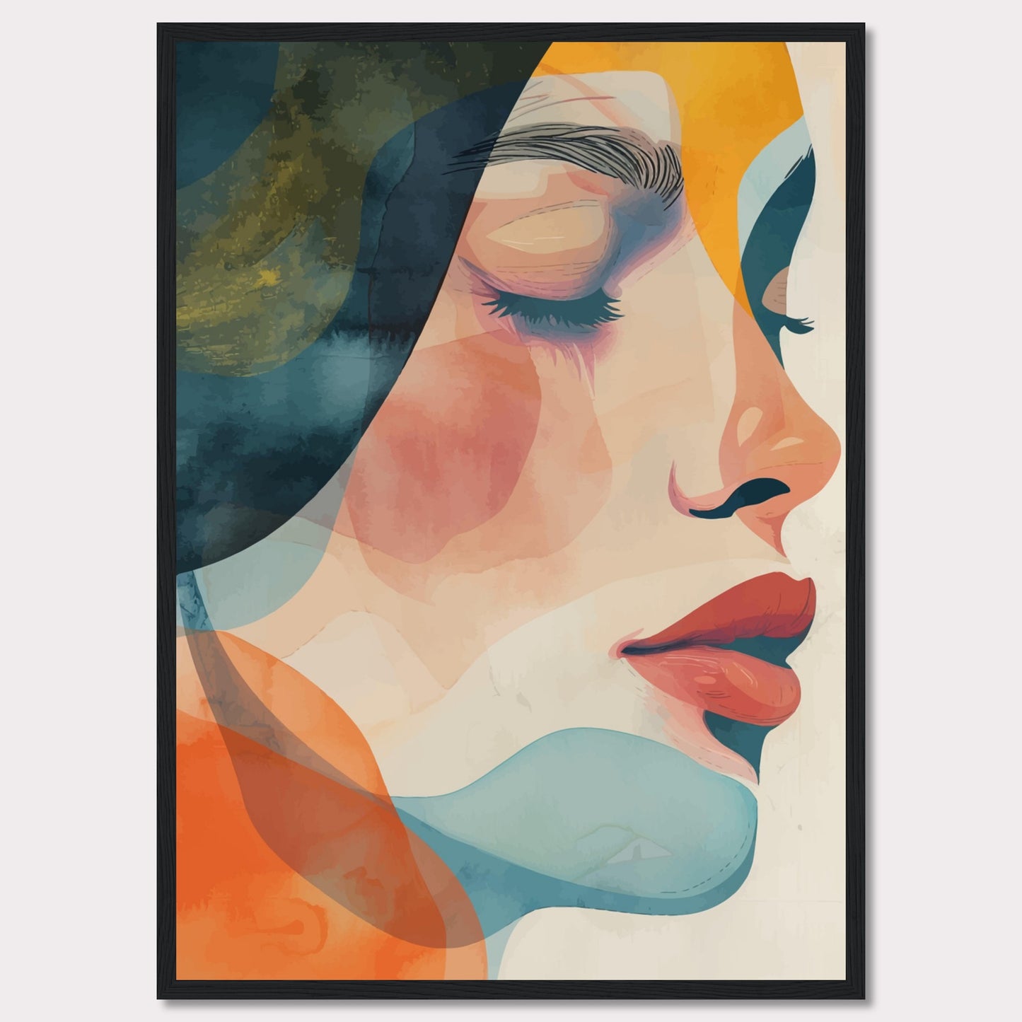 This captivating artwork features a serene profile of a woman's face, rendered in a vibrant mix of abstract colors. The composition highlights her closed eyes and calm expression, evoking a sense of tranquility and introspection.