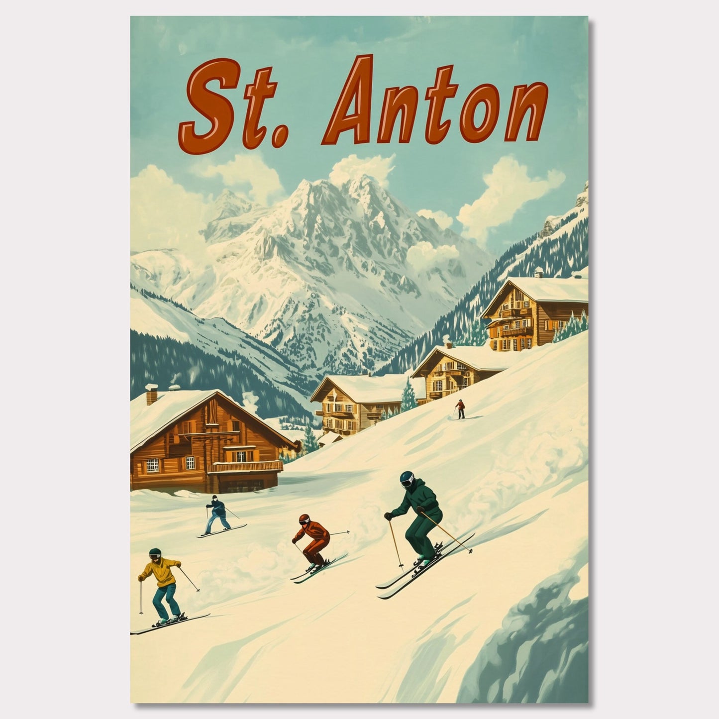 This vibrant retro-style poster captures the thrilling energy of skiing in St. Anton. The scene depicts skiers carving down the slopes, with picturesque alpine chalets nestled in the snow-covered hills and the majestic mountains towering in the background. The warm tones of the sky and the clean, crisp snow evoke the exhilarating experience of a winter sports haven. The bold retro typography adds a touch of nostalgia, perfectly highlighting the charm and adventure of St. Anton.