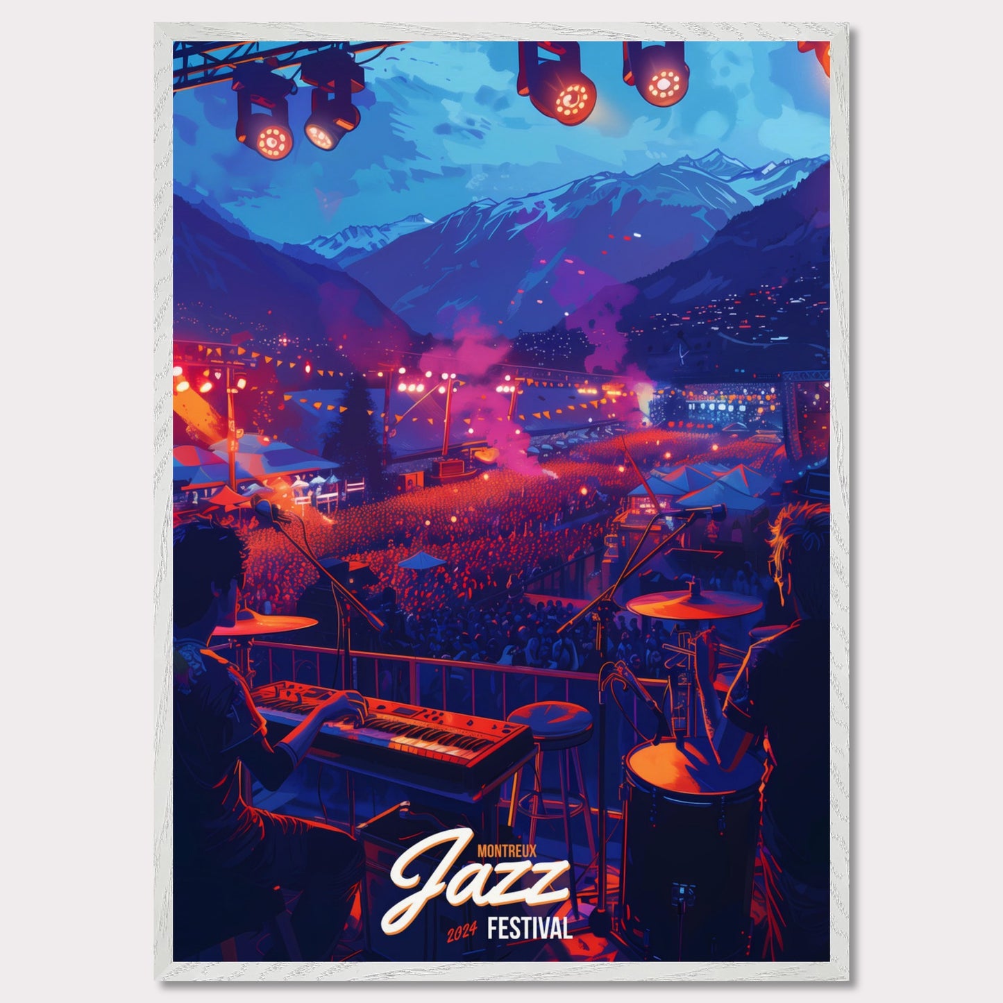 Experience the magic of the Montreux Jazz Festival 2024! This vibrant poster captures the essence of a live performance with a stunning mountain backdrop, colorful stage lights, and an enthusiastic crowd. Feel the rhythm, join the celebration, and be part of this unforgettable musical journey!