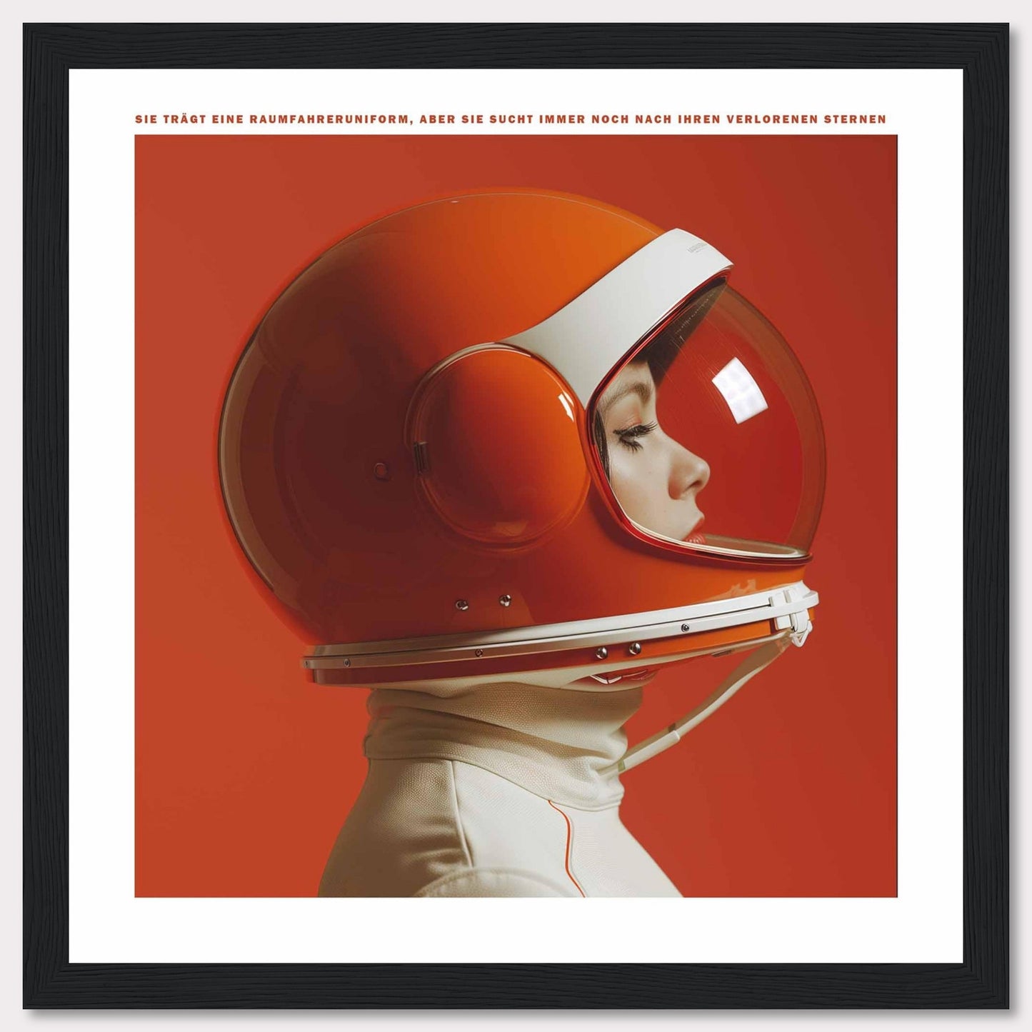 This striking image features a person wearing a vibrant orange astronaut helmet, set against a matching orange background. The profile view captures a sense of contemplation and exploration.