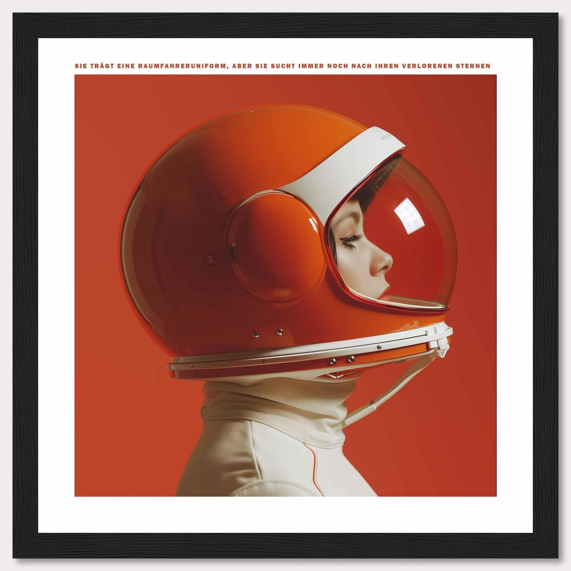 This striking image features a person wearing a vibrant orange astronaut helmet, set against a matching orange background. The profile view captures a sense of contemplation and exploration.