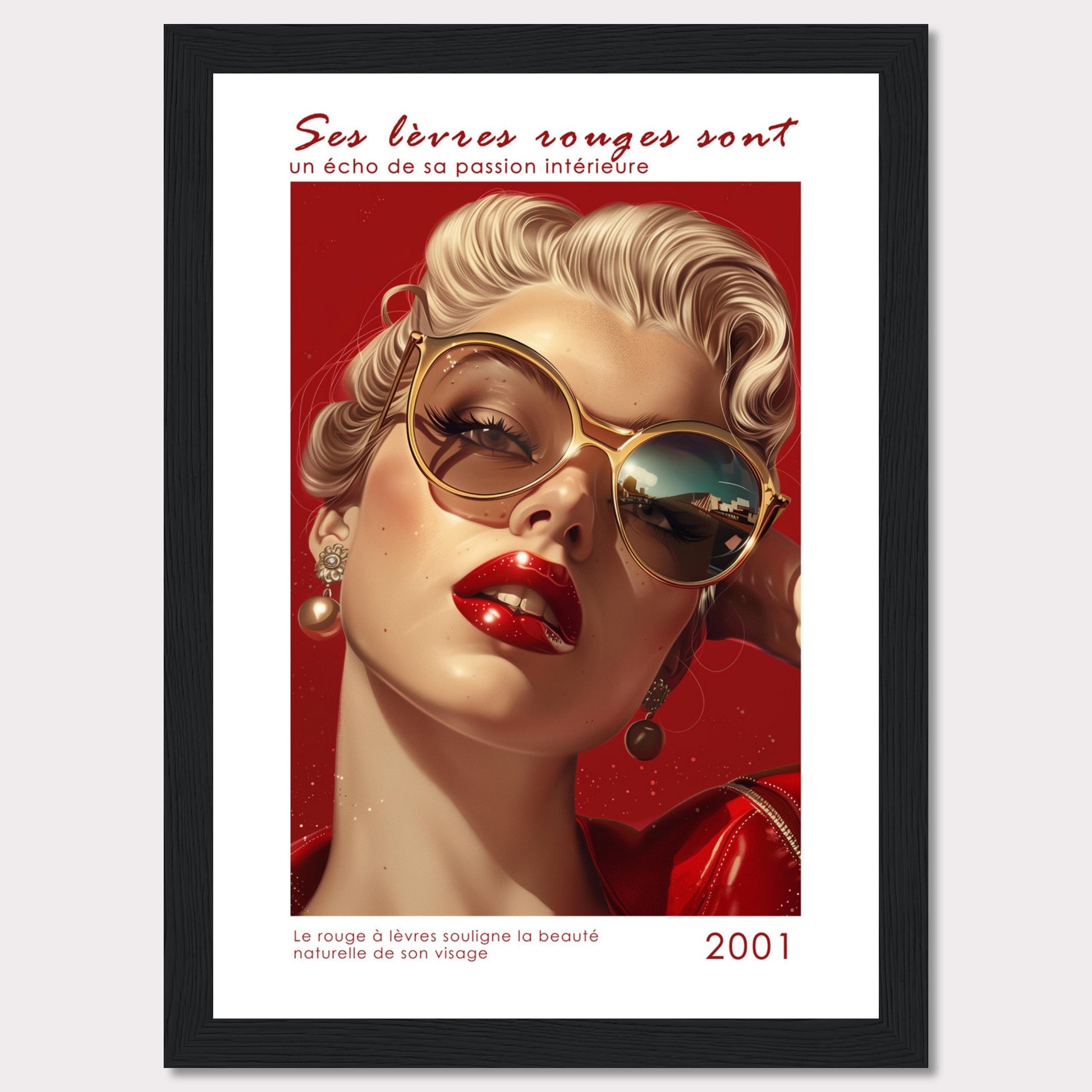 This captivating image features a glamorous woman with bold red lipstick, exuding confidence and allure. Her stylish sunglasses and elegant earrings add to her sophisticated look. The background is a striking red, enhancing the overall intensity of the image.