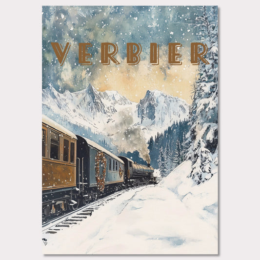 This enchanting winter poster showcases a vintage steam train winding through the snow-covered landscapes of Verbier. The train, adorned with festive wreaths, travels against a backdrop of majestic alpine peaks, tall evergreen trees, and a serene winter sky with softly falling snowflakes. The golden light filtering through the clouds adds a warm, nostalgic glow to the scene, evoking the magic of winter travel.