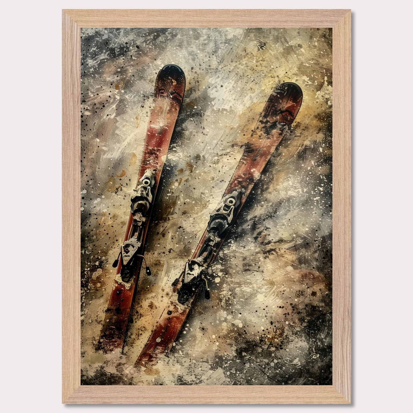 This image showcases a pair of vintage red skis with bindings, set against a textured, abstract background. The skis are positioned diagonally, creating a dynamic and energetic composition.