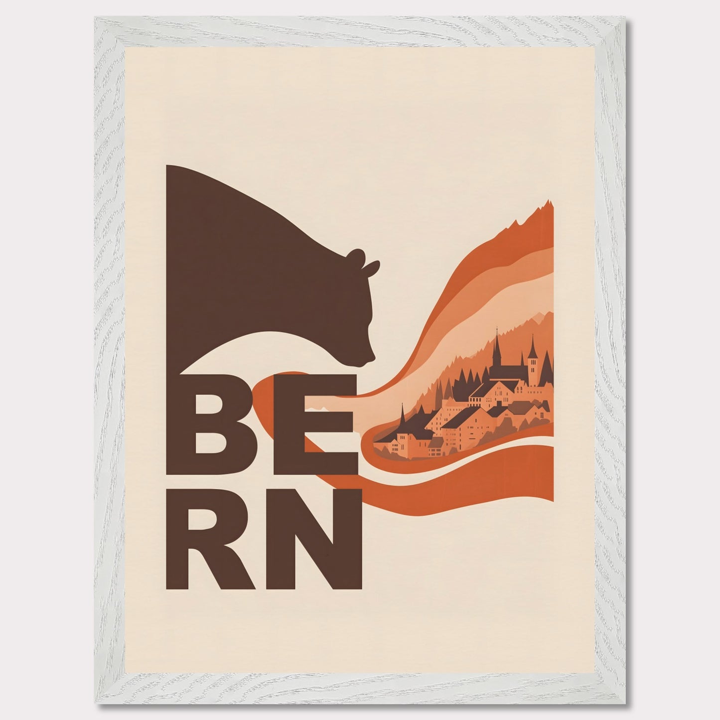 This elegant poster portrays a bear embracing the architectural landscapes of Bern. With flowing lines connecting nature and culture, it conveys the charm of this Swiss city.