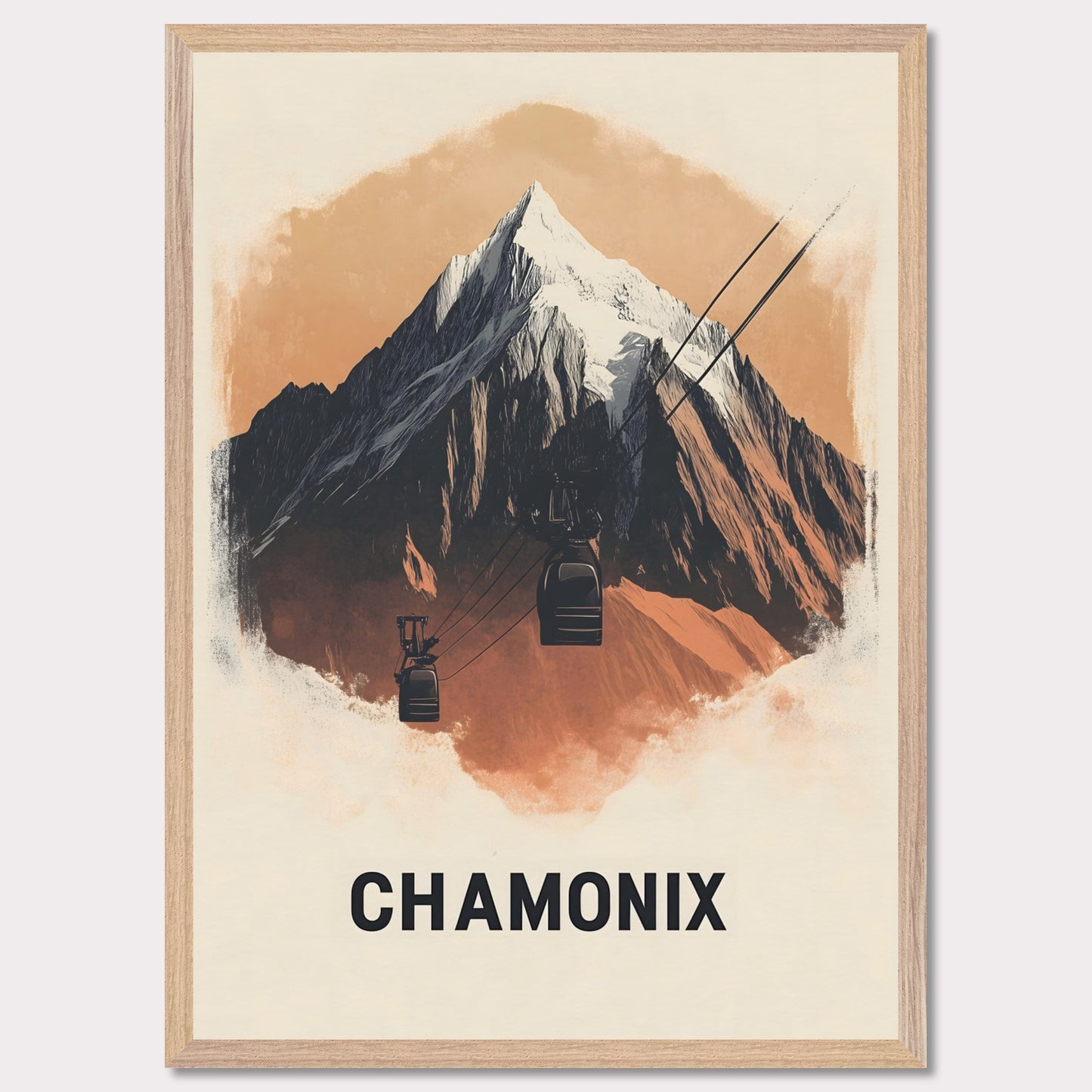 This minimalist poster artfully presents Chamonix, France, a legendary alpine destination known for its dramatic peaks and thrilling ski slopes. The sharp, stylized mountain silhouette contrasts beautifully with the soft sky, creating a bold yet harmonious composition. The subtle shading adds depth, bringing the grandeur of Mont Blanc to life.