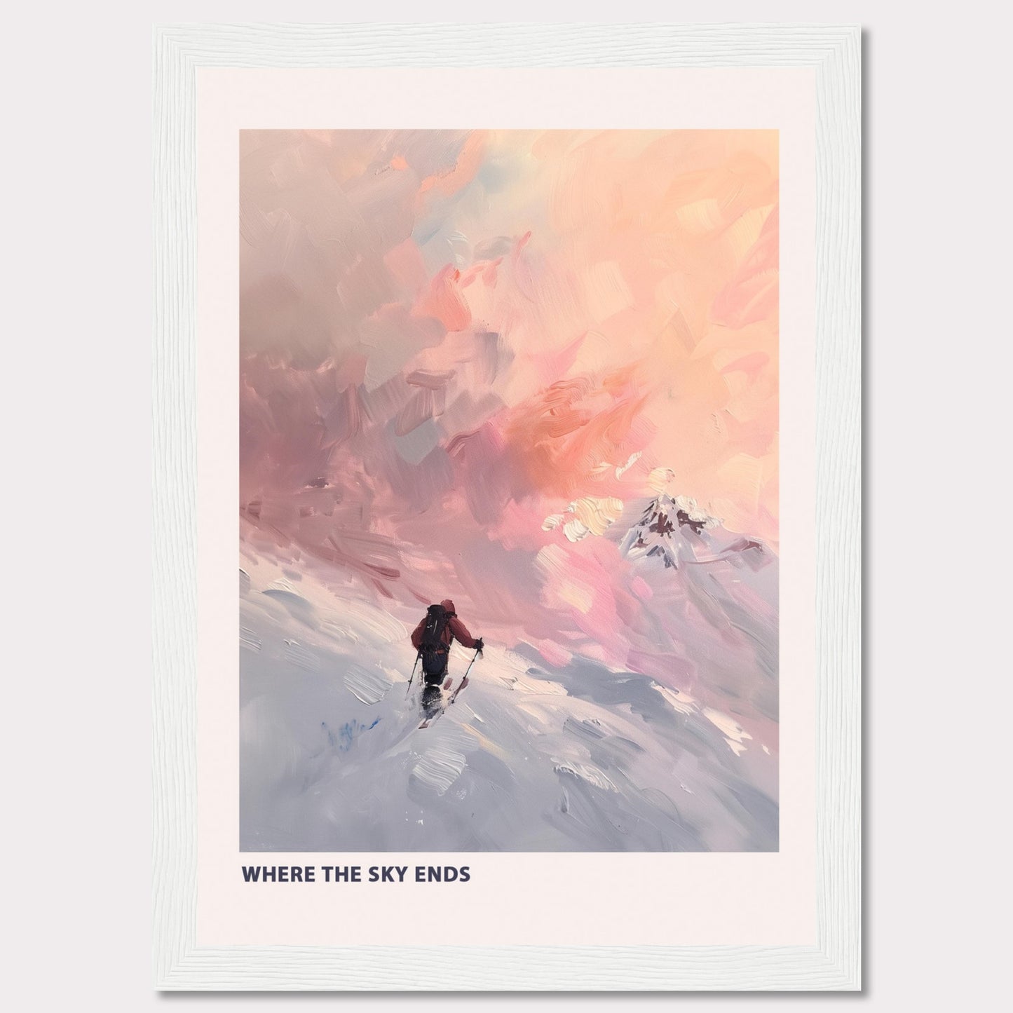 This captivating artwork titled "Where the Sky Ends" portrays a lone adventurer trekking through a snow-covered landscape towards a breathtaking, colorful sky. The painting captures a sense of solitude and determination against a backdrop of majestic, pastel-hued clouds.