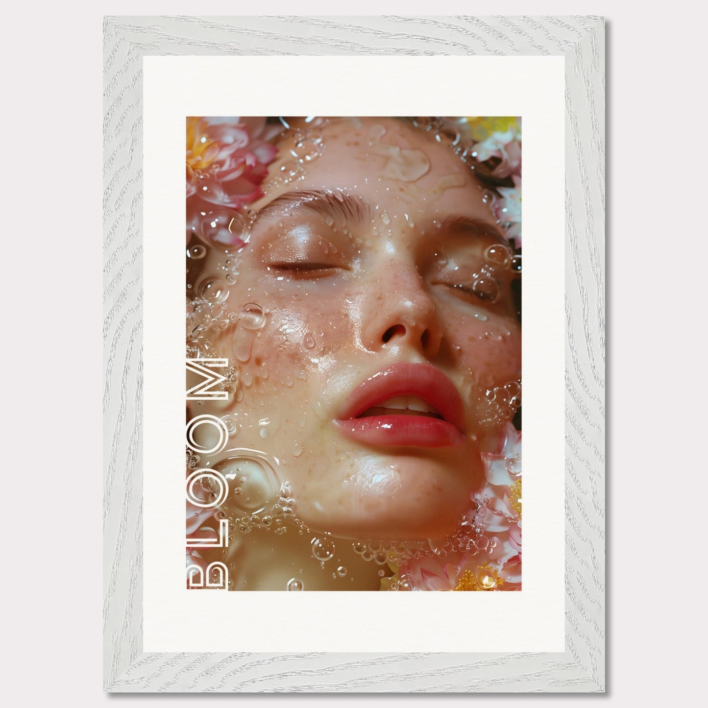 This illustration features a close-up of a serene face with closed eyes, surrounded by water droplets and flowers. The word "BLOOM" is prominently displayed along the left side.

Where this poster will fit: This poster would be ideal for a bedroom, living room, or beauty salon.