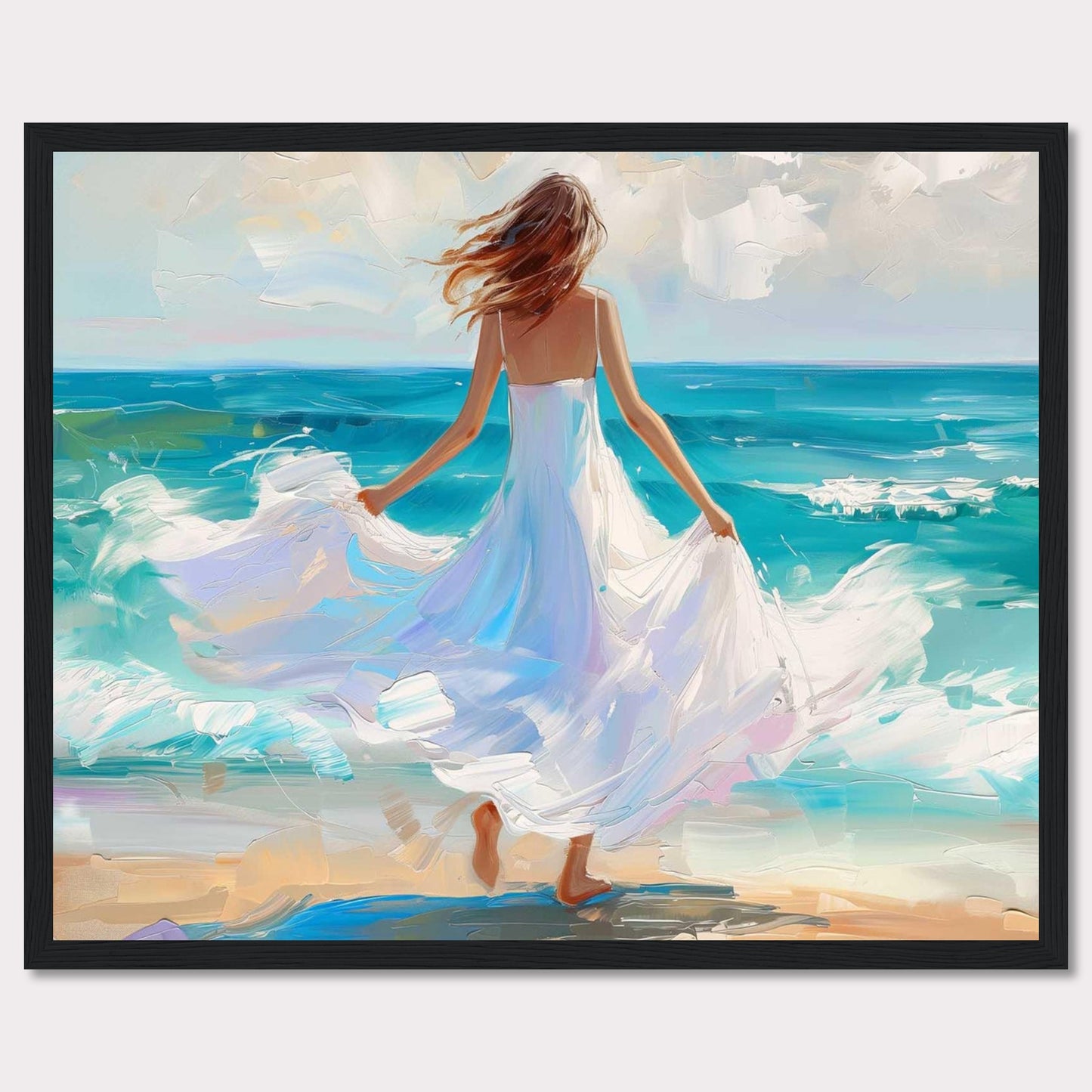 This stunning painting captures a serene moment of a woman in a flowing white dress standing at the edge of the ocean, with waves gently crashing onto the shore. The vibrant colors and dynamic brushstrokes bring this scene to life, evoking a sense of peace and freedom.