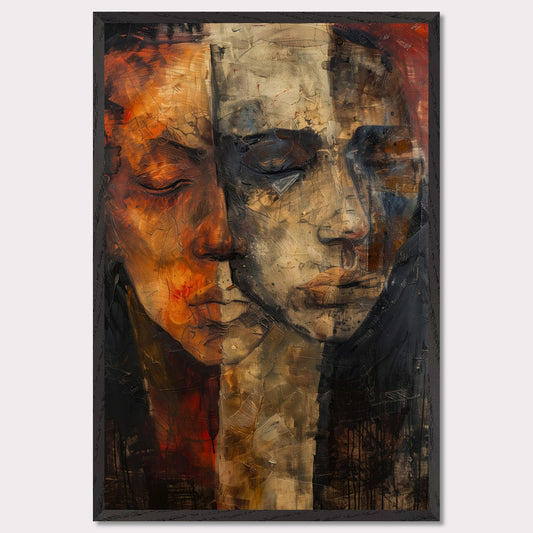 This captivating artwork features two abstract faces, blending seamlessly into one another. The painting is rich in texture and color, with a striking contrast between warm and cool tones. The faces appear to be in deep contemplation, evoking a sense of introspection and connection.