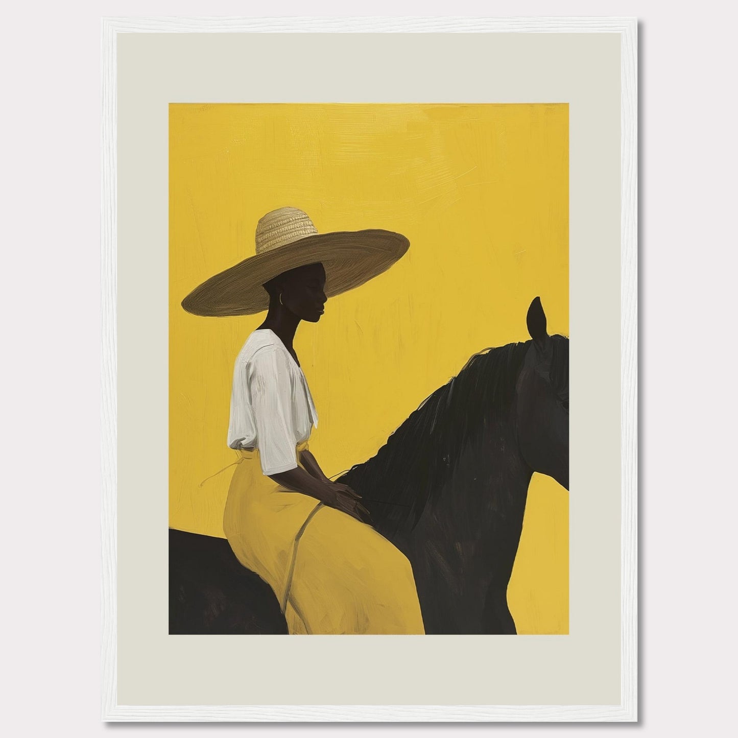 This striking artwork features a silhouette of a person wearing a wide-brimmed hat, seated on a dark horse against a vibrant yellow background. The figure is adorned in a white top and yellow skirt, exuding elegance and tranquility.