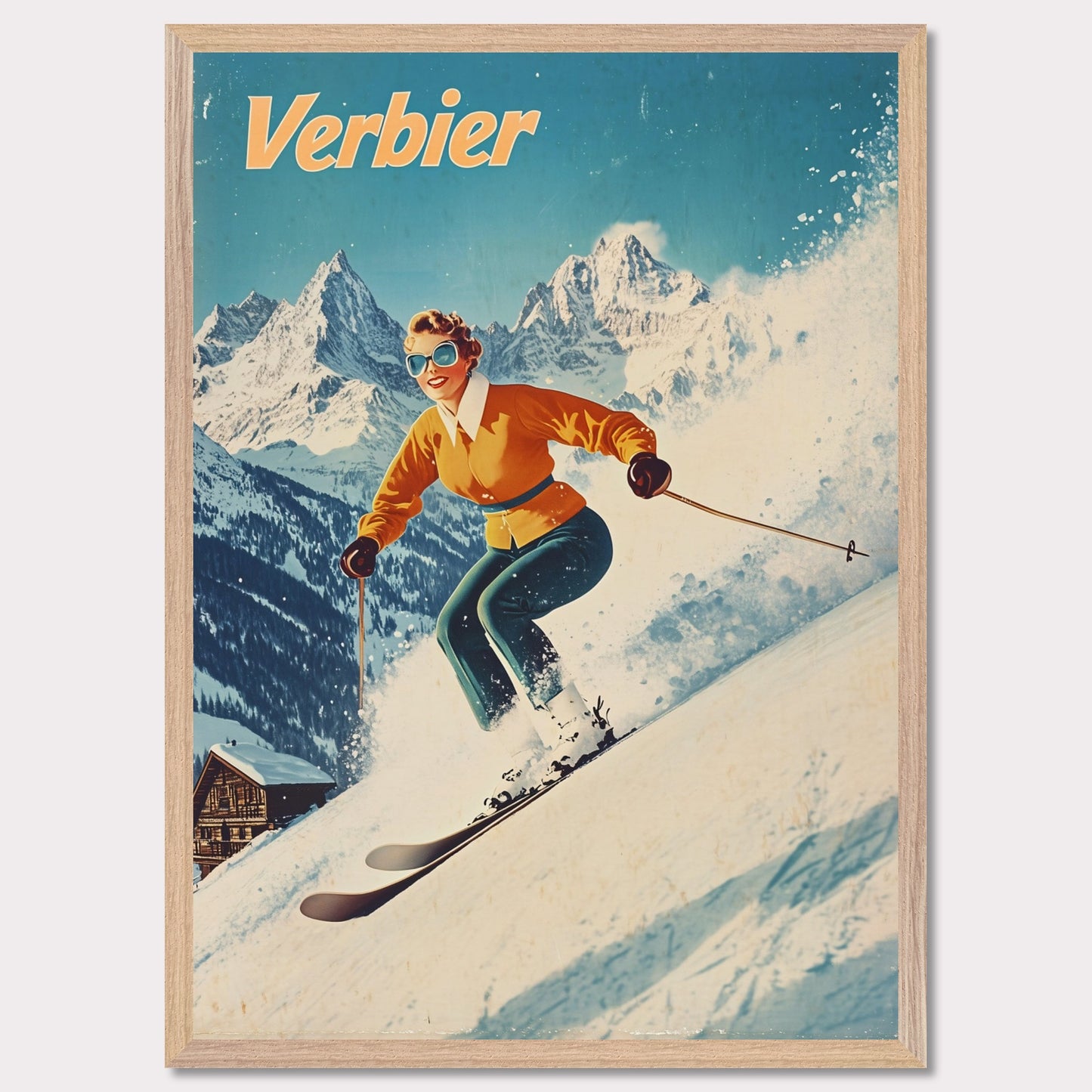 This vibrant retro poster captures the thrilling energy of skiing in Verbier, featuring a skier in a bright orange jacket racing down the slopes. The bright, clear sky contrasts beautifully with the snow-covered terrain and rugged mountain backdrop. The skier’s joyful expression, paired with the iconic Verbier mountains, evokes the excitement and adventure of alpine skiing. The vintage art style adds a timeless touch, bringing out the spirit of winter sports.