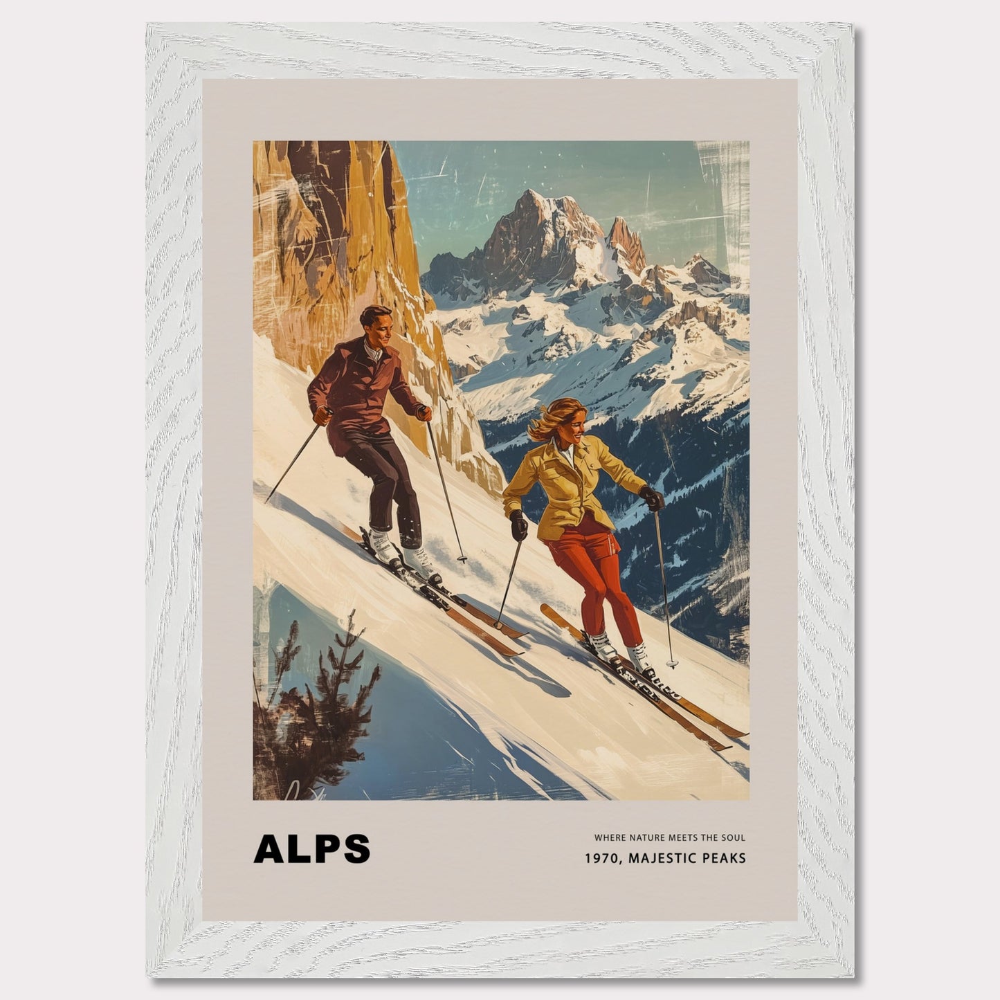 This striking vintage poster celebrates the grandeur of the Alps, depicting a dynamic pair of skiers descending snowy slopes with towering peaks in the background. Their confident movements against the crisp, majestic scenery capture the essence of alpine adventure. The warm, retro tones paired with the timeless typography evoke a sense of nostalgia and the spirit of mountain exploration.