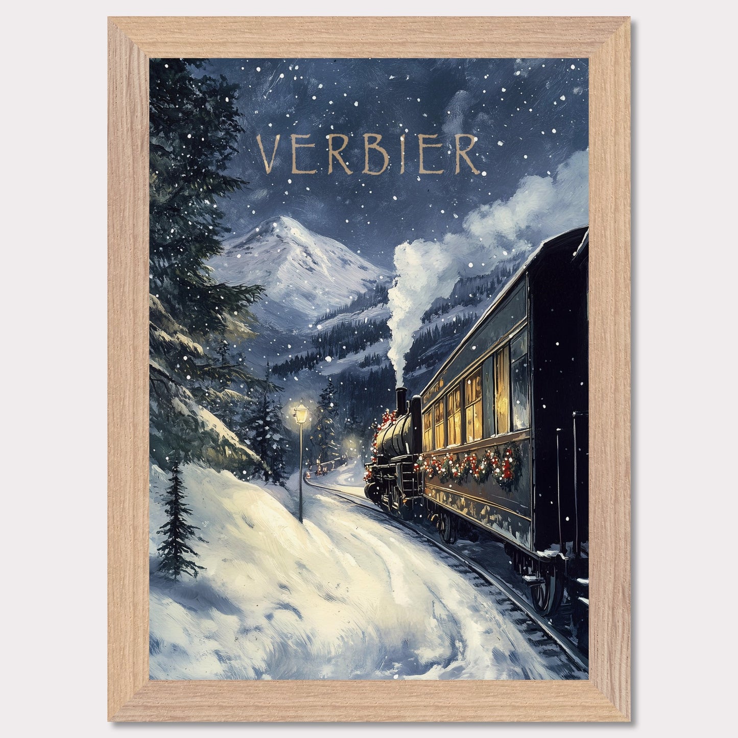 This charming, vintage-inspired poster transports you to a winter wonderland in Verbier, as a steam train adorned with festive decorations winds its way through a snowy mountain landscape. The warm glow from the train’s windows contrasts beautifully with the cool, snowy surroundings, creating a nostalgic and inviting atmosphere. The gentle snowfall and the towering mountain peaks in the background complete the serene yet adventurous feel of this picturesque winter journey.