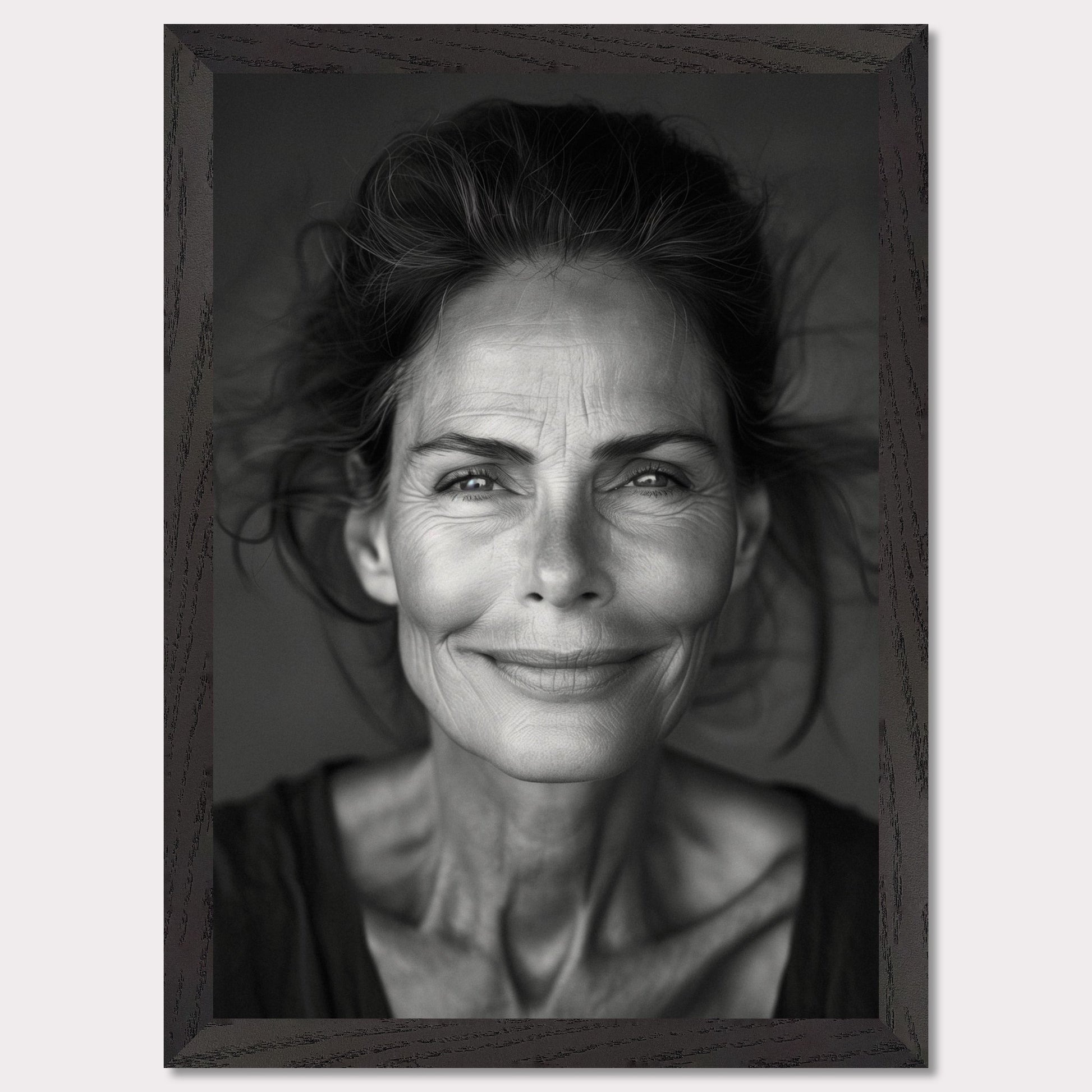 This black and white portrait captures a serene, smiling elderly woman with expressive eyes and fine wrinkles that tell a story of a life well-lived. The close-up shot highlights her natural beauty and the depth of her character.