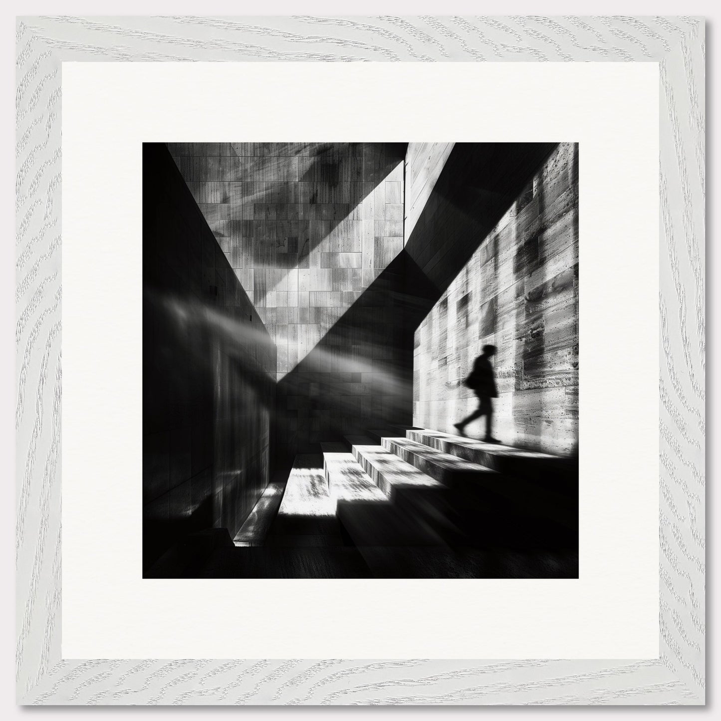 This striking black and white photograph captures a solitary figure ascending a staircase bathed in dramatic light and shadows. The geometric patterns and stark contrasts create a sense of mystery and introspection.