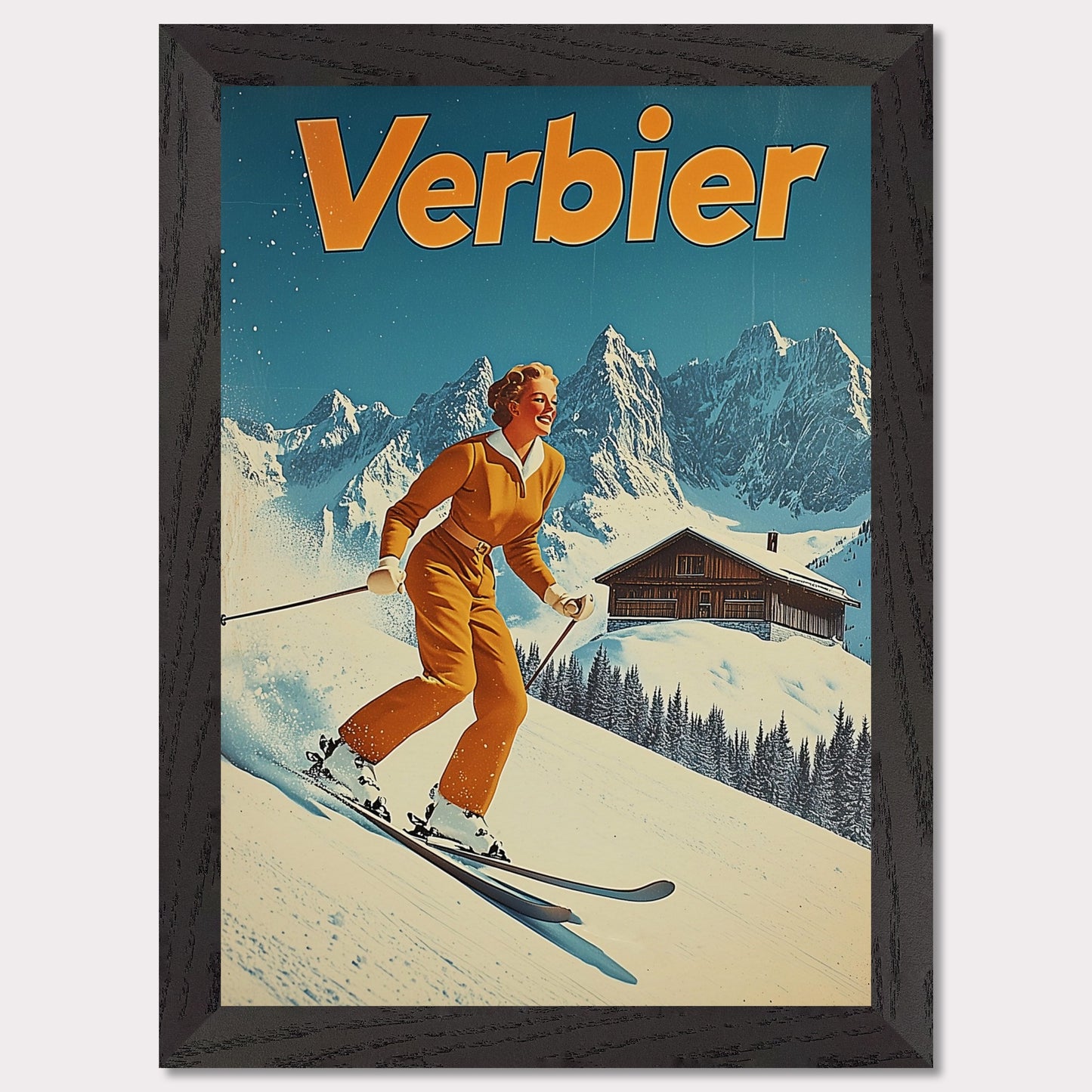 This vibrant retro poster features a cheerful skier dressed in a classic orange ski outfit, gliding down the pristine slopes of Verbier. Behind her, a picturesque alpine chalet sits amidst snow-covered peaks, with a bright blue sky completing the idyllic scene. The bold typography and clean lines enhance the nostalgic charm, inviting viewers to experience the joys of skiing in Verbier.