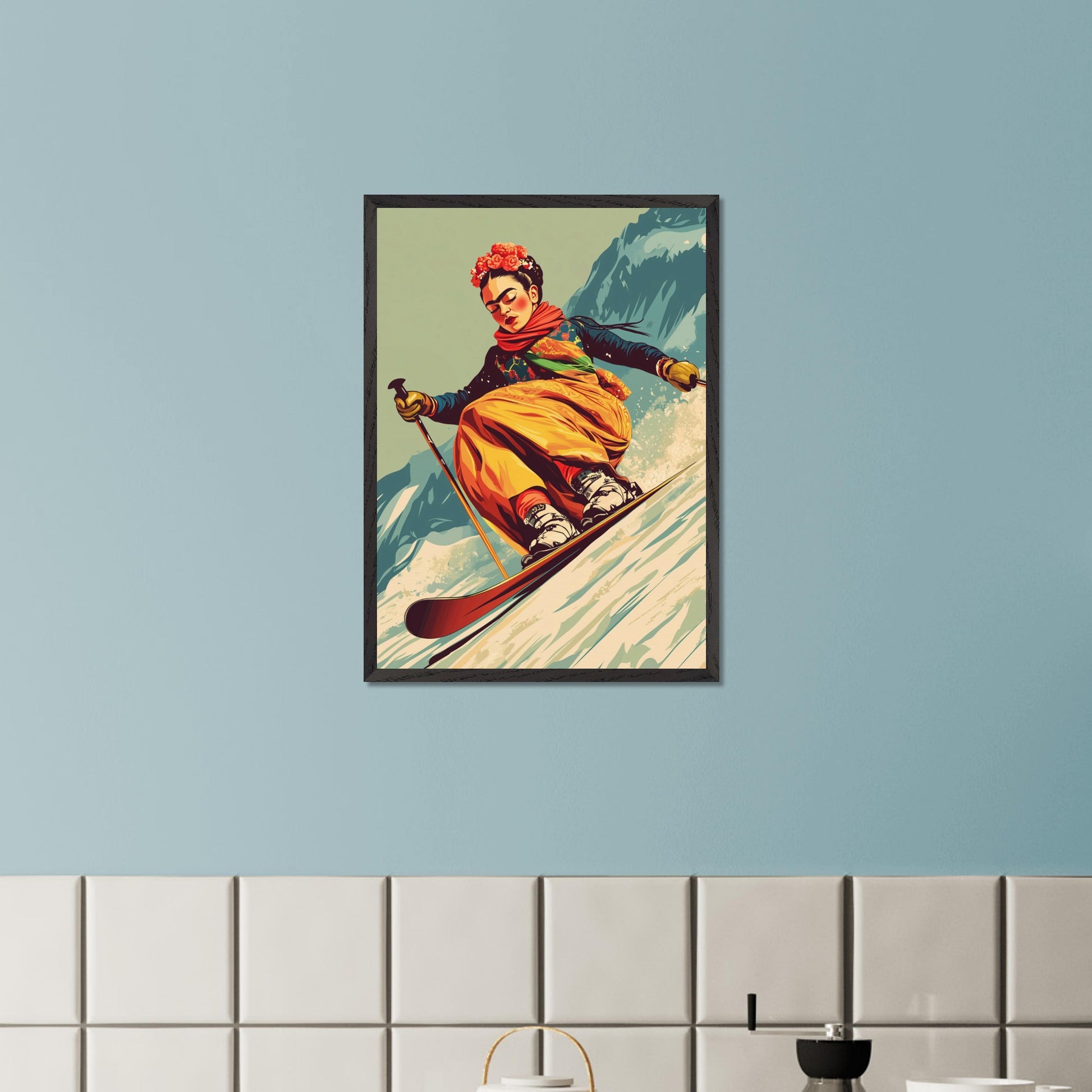 This captivating and artistic poster features Frida Kahlo skiing down a snow-covered slope, embracing both the thrill of winter sports and the vibrancy of her unique style. With a floral crown and colorful attire, Frida brings her creativity and strength to the slopes of the mountains, capturing the harmony between winter adventure and artistic expression. The retro color scheme adds to the vintage charm of the poster, making it a lively and powerful statement piece.