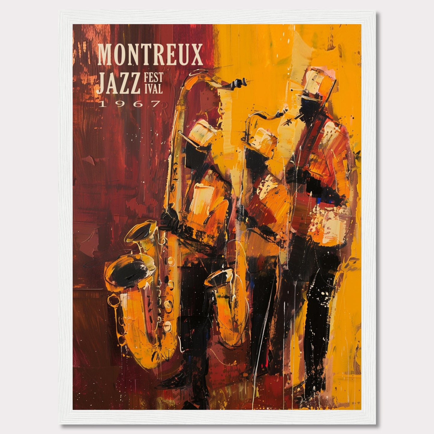 This vibrant art poster showcases the Montreux Jazz Festival from 1967. The artwork features an abstract depiction of three jazz musicians passionately playing their instruments, with rich hues of red, yellow, and orange capturing the dynamic energy of the performance.