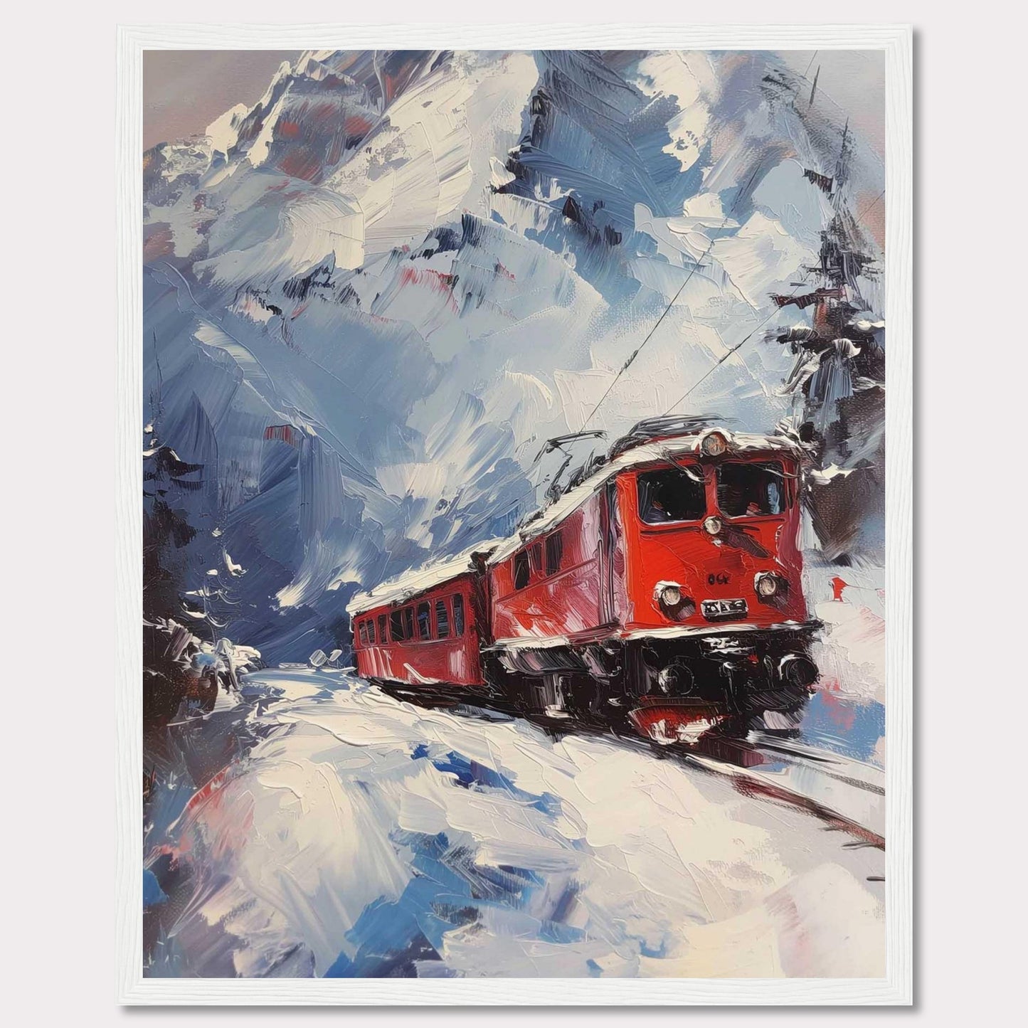 This stunning painting captures a vibrant red train journeying through a snowy mountain landscape. The dynamic brushstrokes convey the movement and energy of the scene, while the towering snow-covered peaks create a breathtaking backdrop.