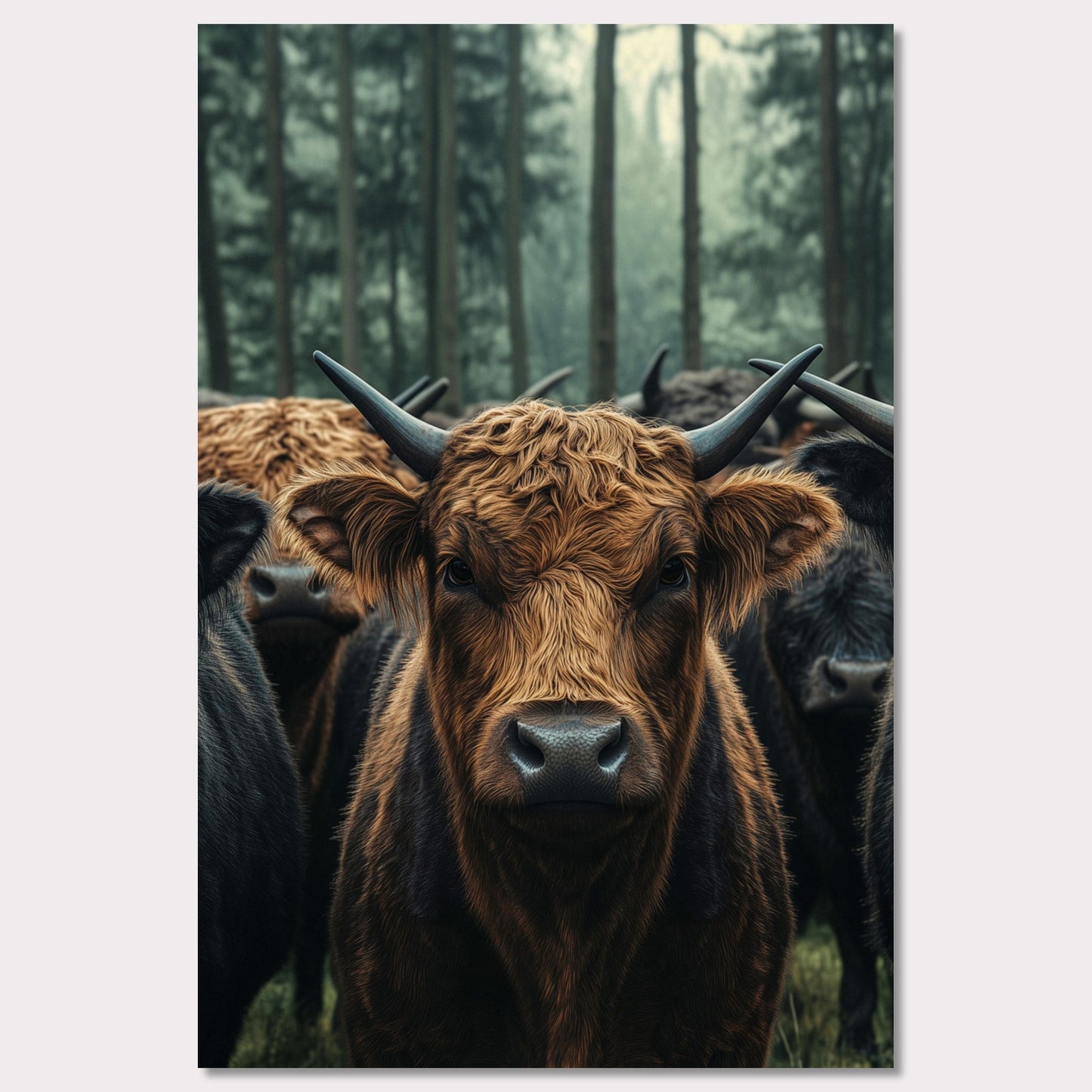 This captivating image features a herd of Highland cattle standing in a misty forest. The central focus is on a brown Highland cow, with its distinctive long horns and shaggy coat, staring directly at the viewer. The background showcases tall trees enveloped in fog, adding a mystical ambiance to the scene.