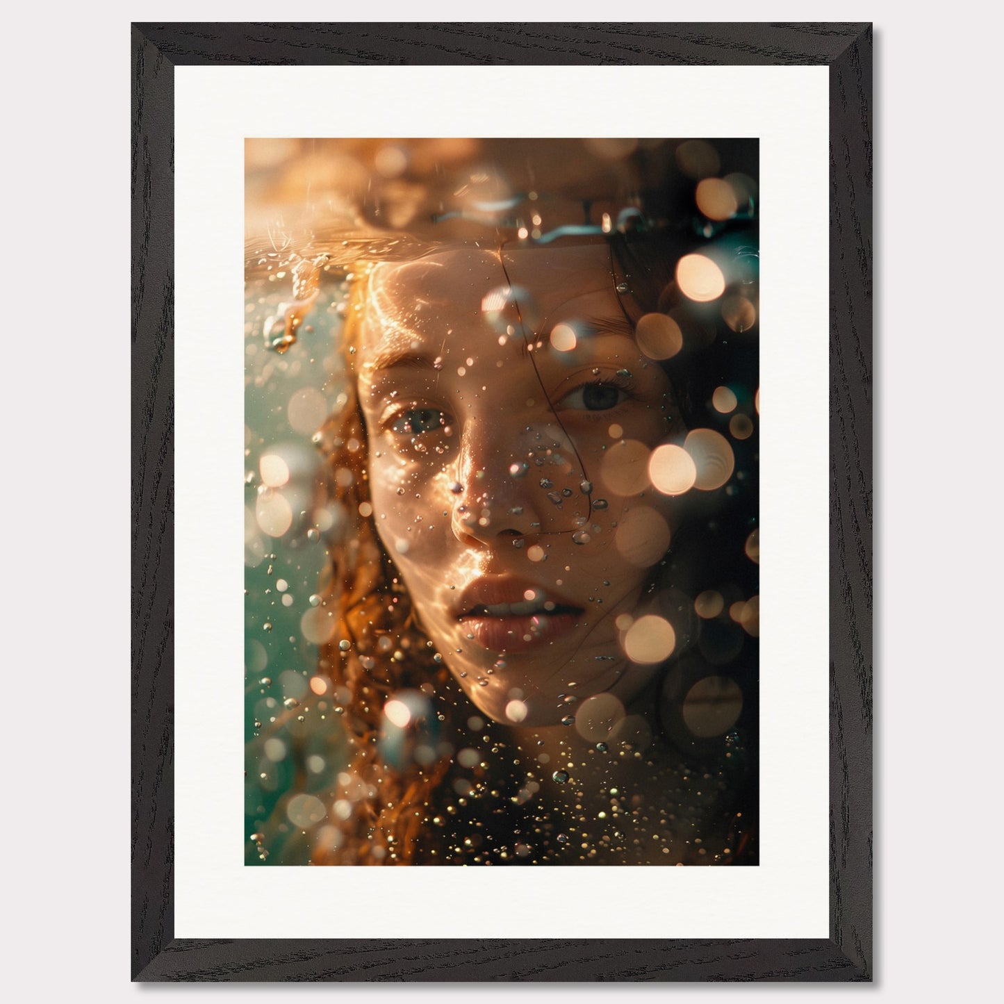 A close-up, artistic photograph of a person's face submerged in water, with light reflections and bokeh effects creating an ethereal atmosphere.

This poster would fit well in modern living rooms, art studios, bedrooms, or any space that appreciates contemporary and artistic photography.