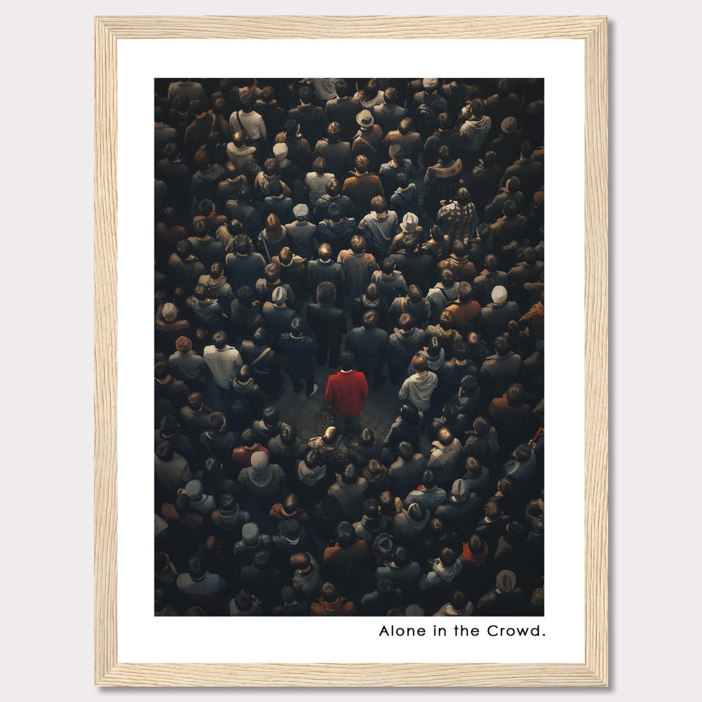 This image depicts a lone individual in a red coat standing amidst a dense crowd of people, all dressed in darker colors. The contrast highlights the feeling of isolation despite being surrounded by others.