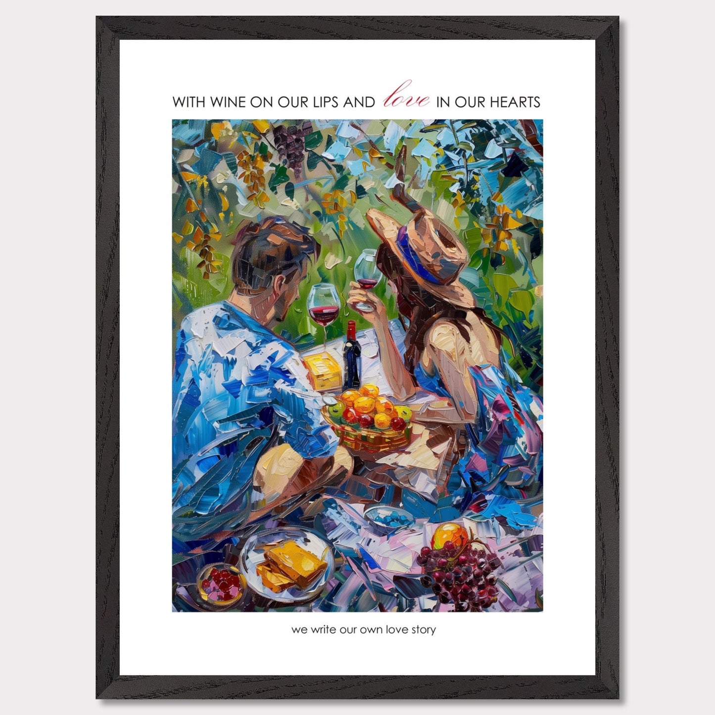 This vibrant painting captures a romantic picnic scene with a couple enjoying wine and fruit under a lush canopy of leaves.