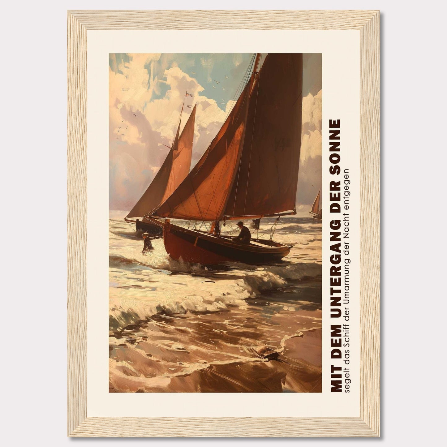 aThis captivating artwork depicts two sailboats navigating through the waves at sunset, with the sky painted in warm hues of orange and pink. The scene evokes a sense of adventure and tranquility as the boats head towards the horizon. The text on the side reads "MIT DEM UNTERGANG DER SONNE segelt das Schiff der Umarmung der Nacht entgegen," which translates to "With the setting of the sun, the ship sails towards the embrace of the night."2b562f5c-c9ec-4f09-aa65-bacce2c3c569