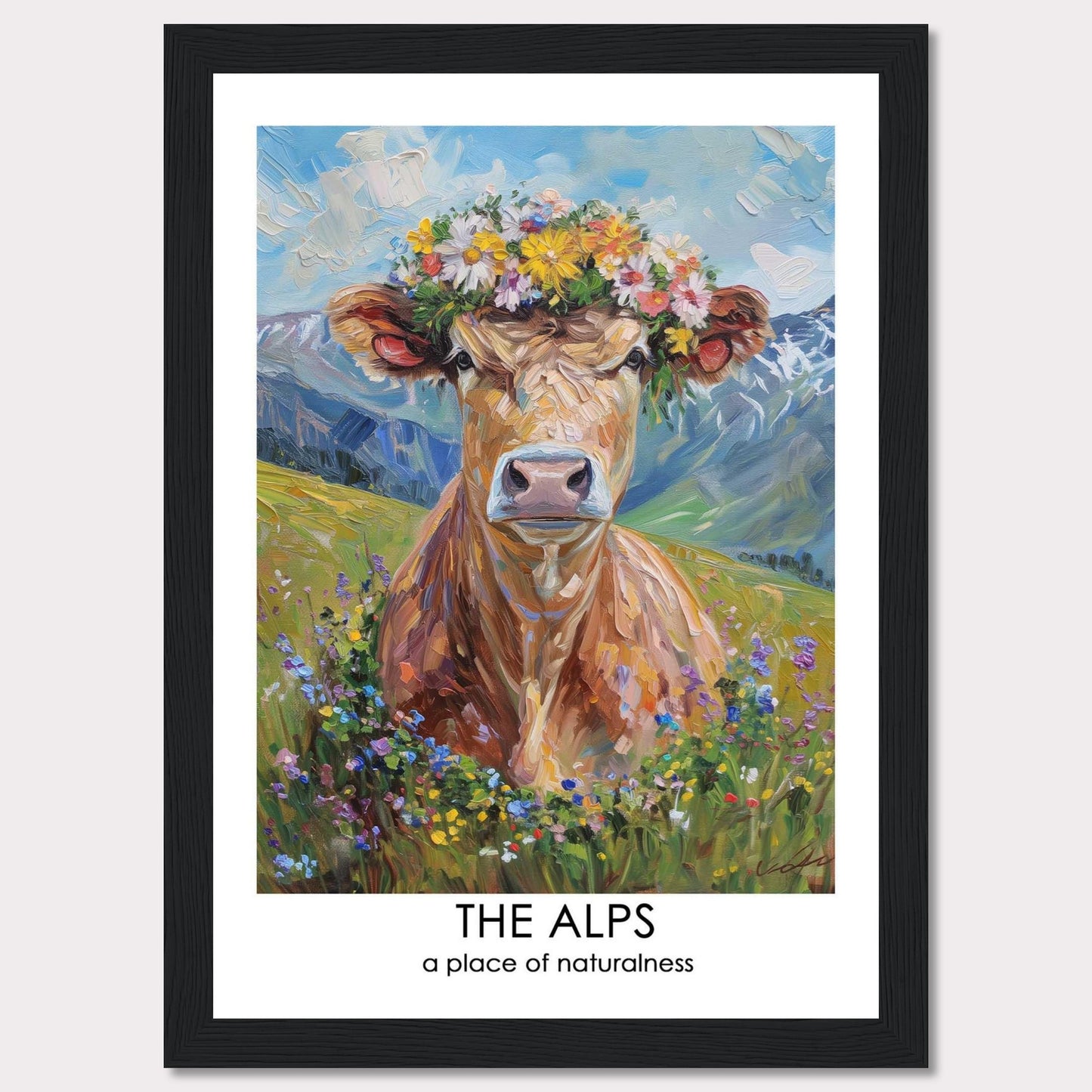 This vibrant artwork depicts a cow adorned with a colorful flower crown, set against the stunning backdrop of the Alps. The painting captures the essence of natural beauty and tranquility.