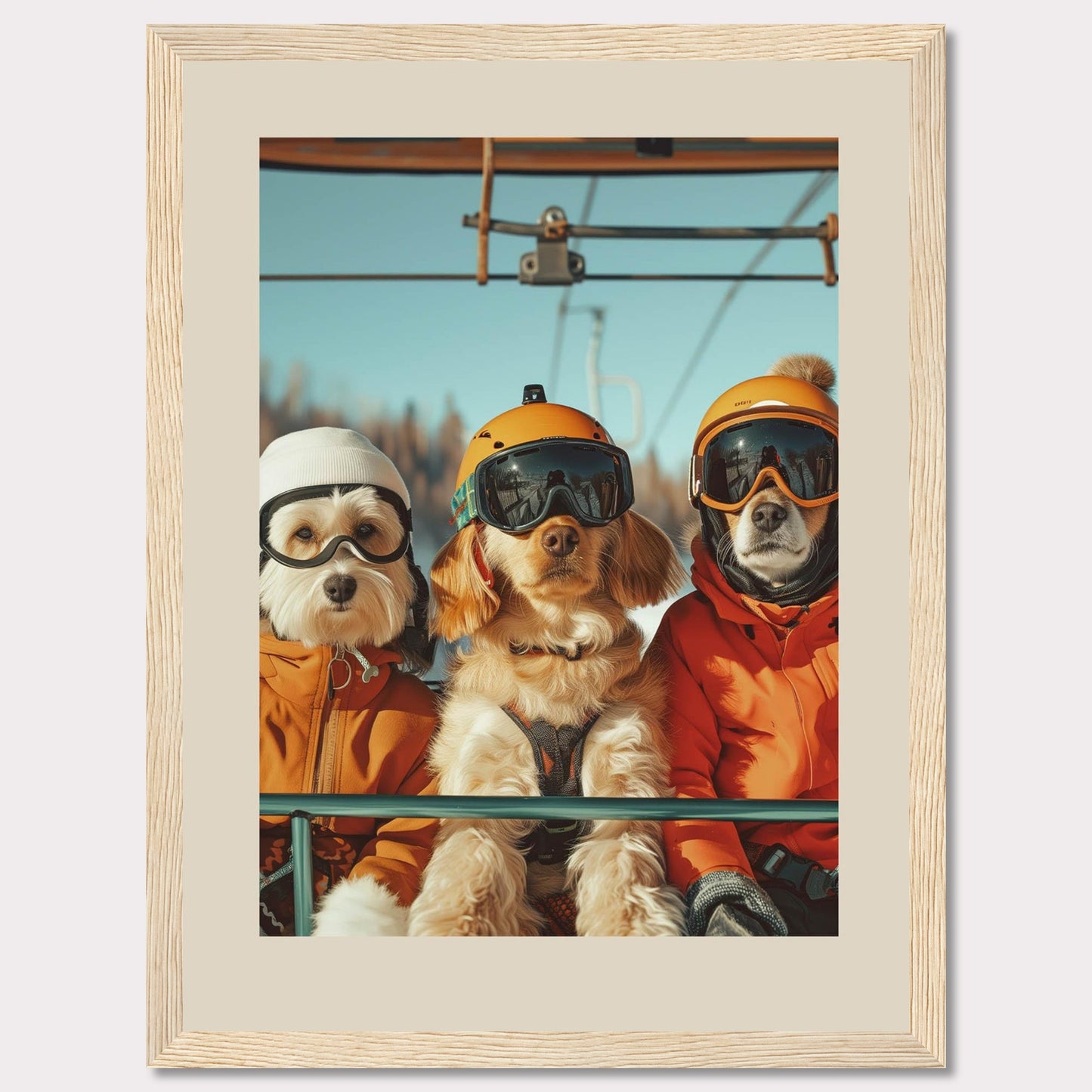 This charming photo features three adorable dogs dressed in winter gear, complete with helmets and goggles, enjoying a ride on a ski lift. The bright blue sky and snowy background add to the fun and adventurous atmosphere.