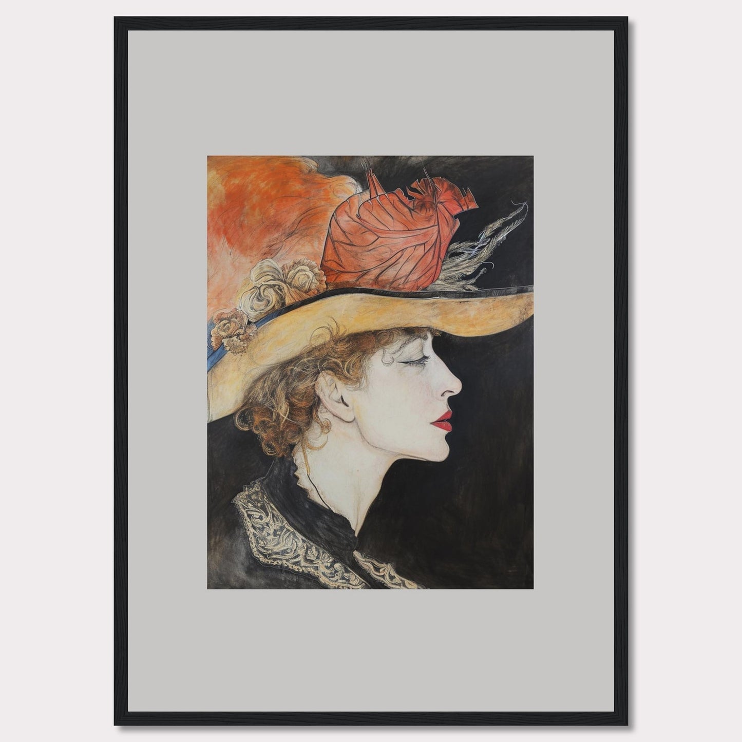 This captivating artwork features a side profile of a woman wearing an elegant hat adorned with feathers and flowers. The detailed illustration showcases her serene expression, accentuated by bold red lips and delicate curls framing her face. The background contrasts beautifully with the vibrant colors of the hat, adding depth to the portrait.