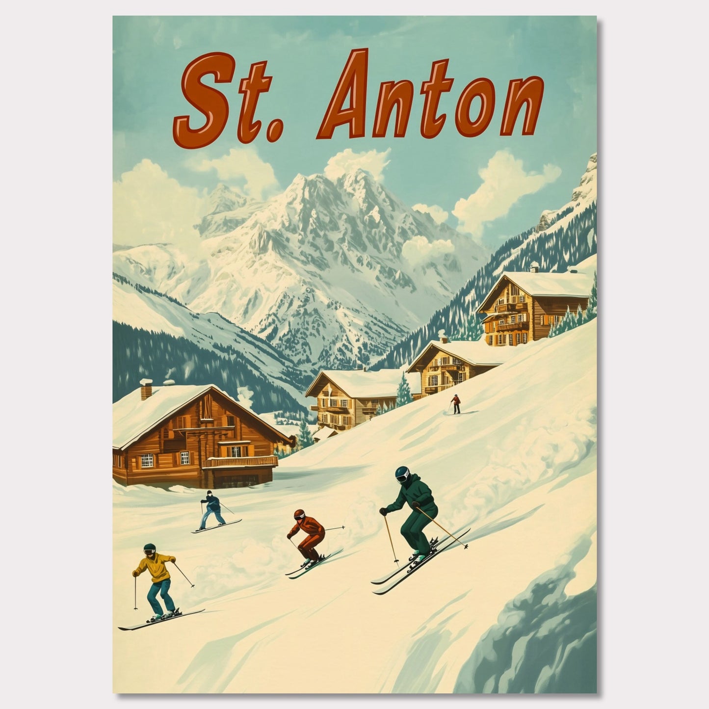 This vibrant retro-style poster captures the thrilling energy of skiing in St. Anton. The scene depicts skiers carving down the slopes, with picturesque alpine chalets nestled in the snow-covered hills and the majestic mountains towering in the background. The warm tones of the sky and the clean, crisp snow evoke the exhilarating experience of a winter sports haven. The bold retro typography adds a touch of nostalgia, perfectly highlighting the charm and adventure of St. Anton.