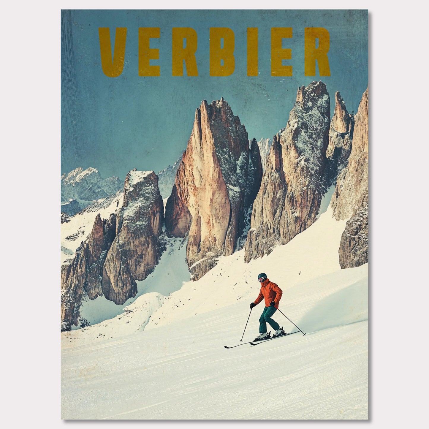 This stunning vintage poster showcases the essence of skiing in Verbier, with a lone skier carving through fresh powder beneath towering, jagged alpine peaks. The vibrant orange jacket of the skier contrasts beautifully with the crisp, snowy landscape and the rugged beauty of the mountains. The bold, retro typography reinforces the feeling of adventure and nostalgia, inviting viewers to experience the thrill of Verbier’s iconic slopes.