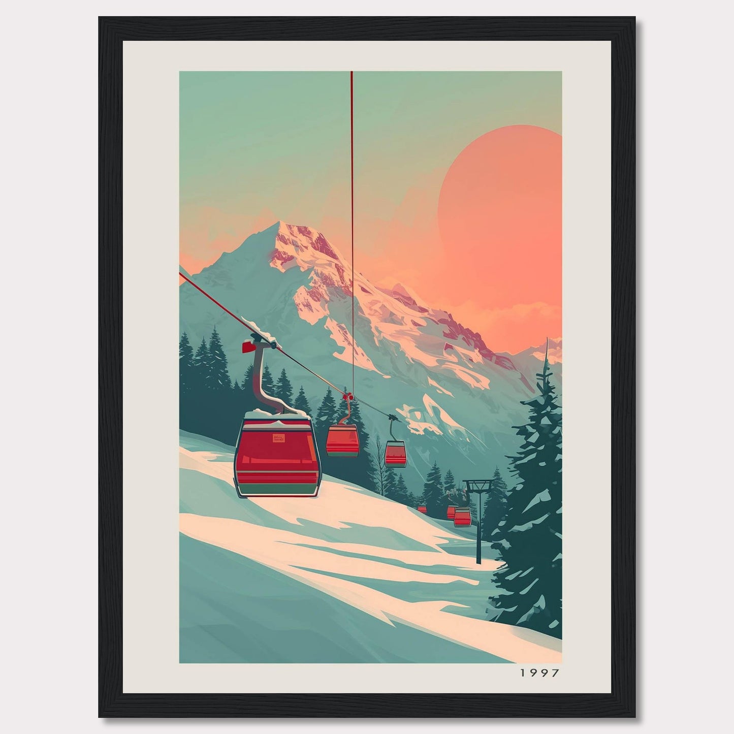 This captivating artwork depicts a serene mountain landscape with ski lifts ascending towards a majestic snow-capped peak under a warm, pastel-colored sky. The scene is framed by evergreen trees, creating a tranquil and inviting atmosphere.