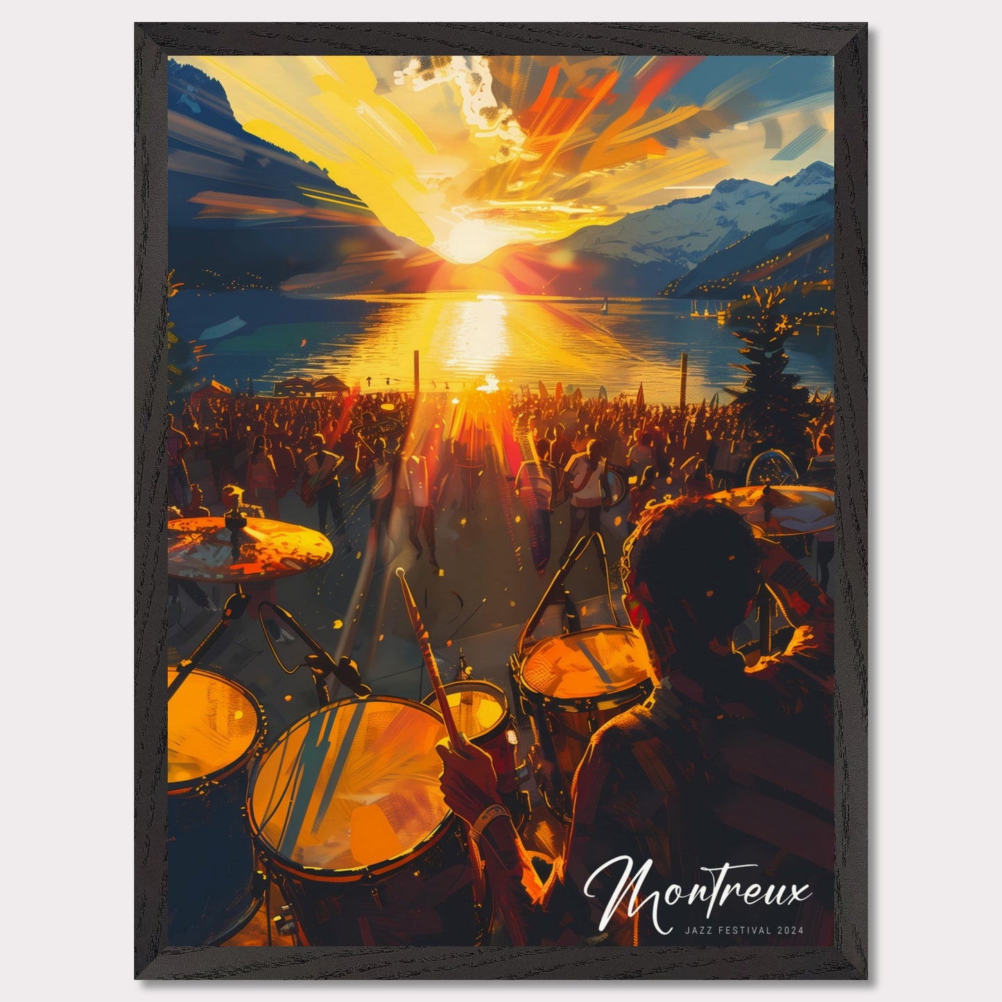 This vibrant image captures the essence of the Montreux Jazz Festival 2024. The scene is set at sunset, with a stunning view of the sun dipping below the horizon over a serene lake, surrounded by majestic mountains. A large crowd is gathered, immersed in the music, while a drummer plays energetically in the foreground.