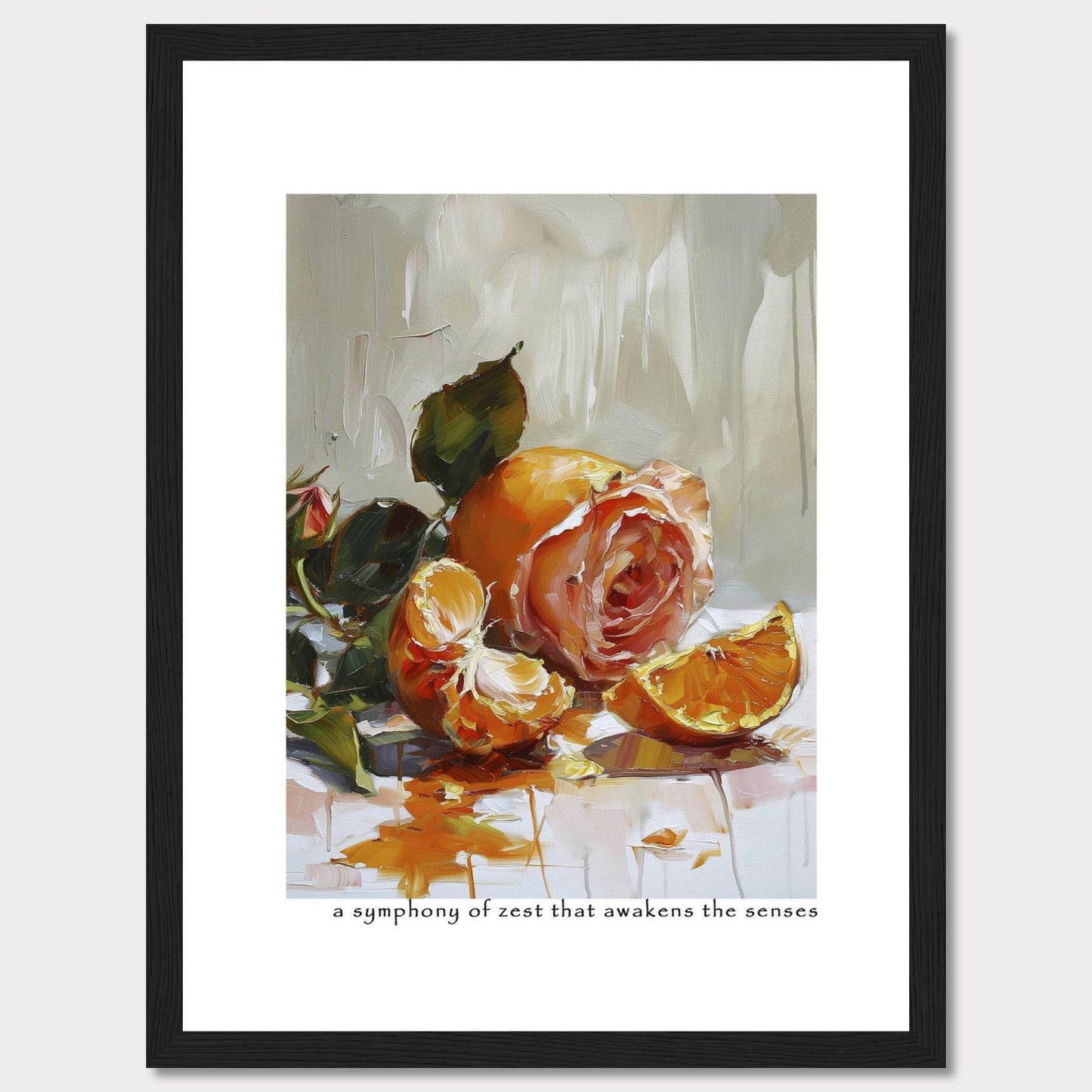 This captivating painting features a delicate rose intertwined with vibrant orange segments, creating a stunning contrast of colors and textures. The brushstrokes evoke a sense of freshness and vitality, making it a perfect piece to invigorate any space.