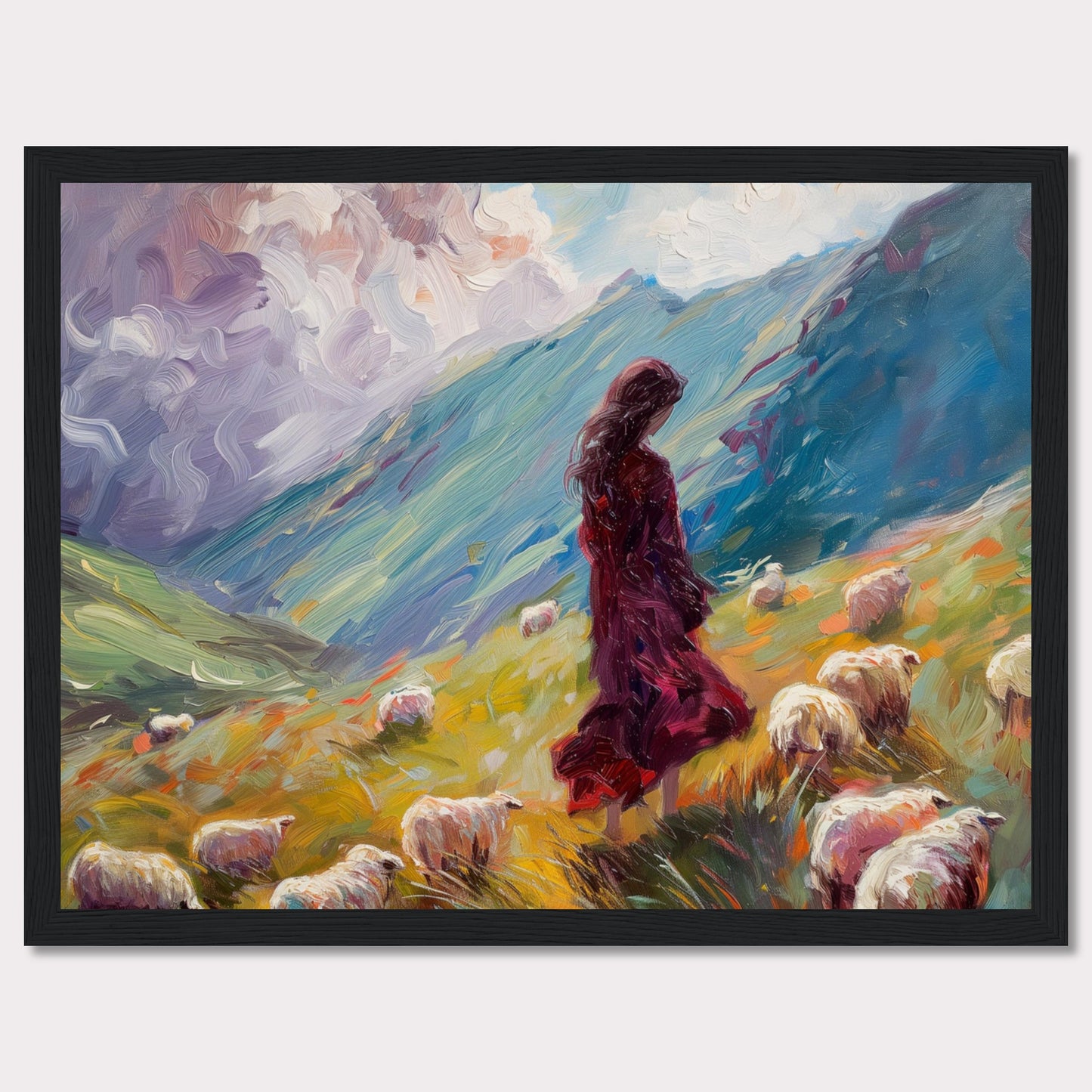 This captivating painting portrays a serene pastoral scene where a woman in a flowing red dress stands amidst a flock of sheep on a vibrant, rolling hillside. The background features dramatic, swirling clouds and lush green mountains, creating a sense of tranquility and connection with nature.