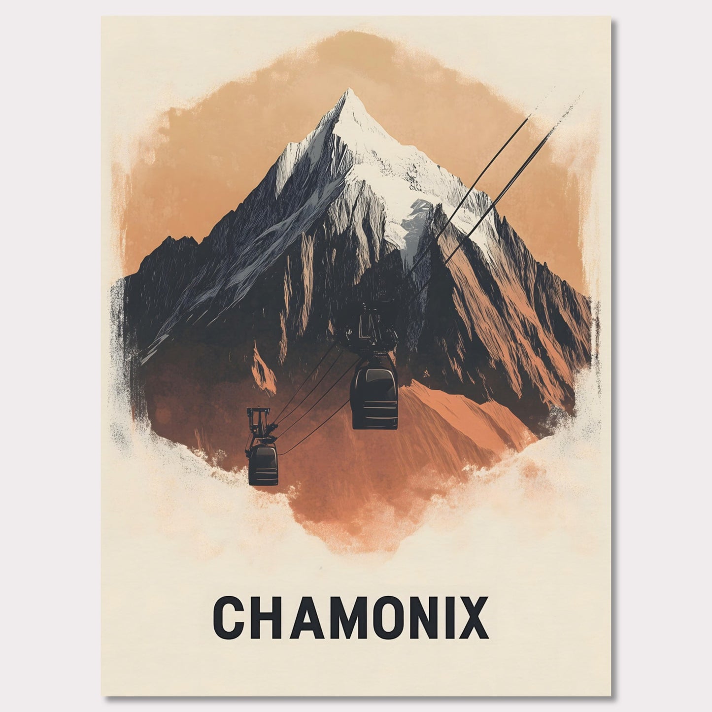 This minimalist poster artfully presents Chamonix, France, a legendary alpine destination known for its dramatic peaks and thrilling ski slopes. The sharp, stylized mountain silhouette contrasts beautifully with the soft sky, creating a bold yet harmonious composition. The subtle shading adds depth, bringing the grandeur of Mont Blanc to life.