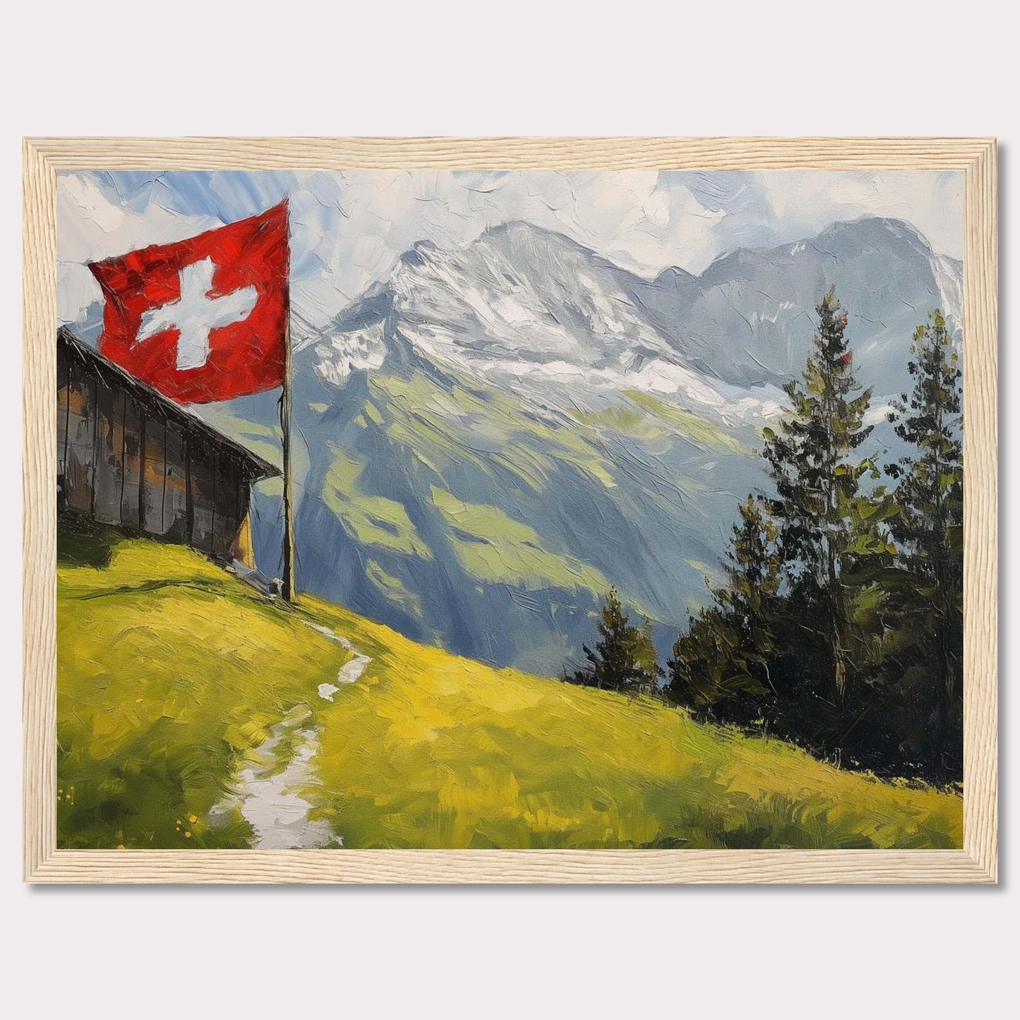 This stunning painting captures the serene beauty of a Swiss alpine landscape. A quaint wooden cabin is perched on a lush green hillside, with a vibrant Swiss flag fluttering proudly beside it. Majestic snow-capped mountains rise in the background, contrasting beautifully with the verdant foreground. Tall evergreen trees add depth and texture to the scene.