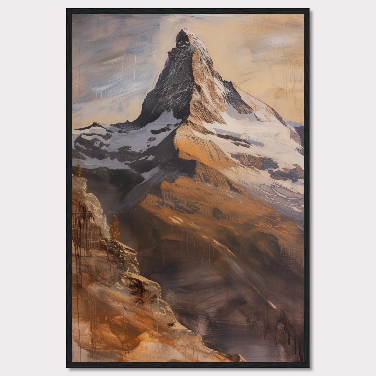 This stunning artwork captures the majestic beauty of a towering mountain peak bathed in warm, golden light. The painting showcases the rugged textures and dramatic contrasts of the rocky terrain, with snow-capped sections adding to its grandeur.