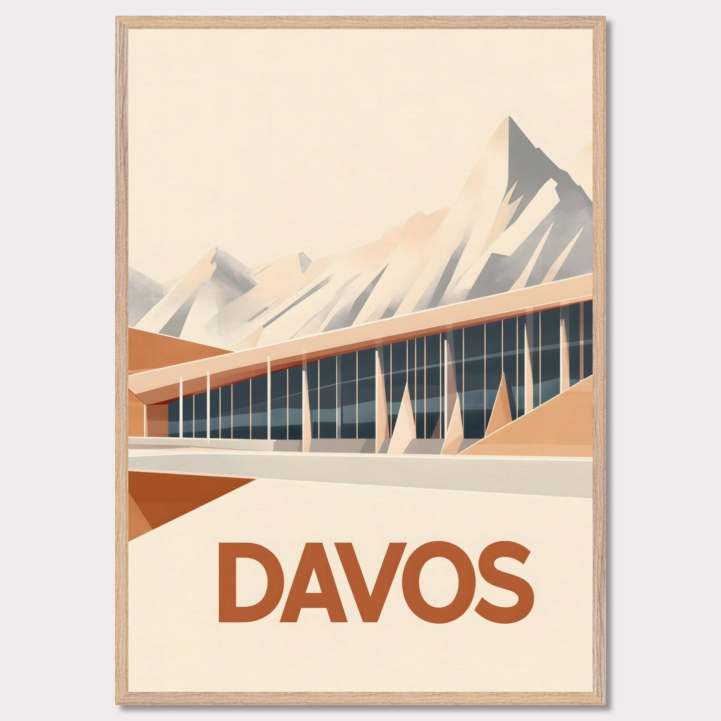 An artistic depiction of Davos, where a contemporary structure stretches along the base of snow-covered peaks. The smooth design of the building complements the sharp mountain ridges, creating a stunning contrast.