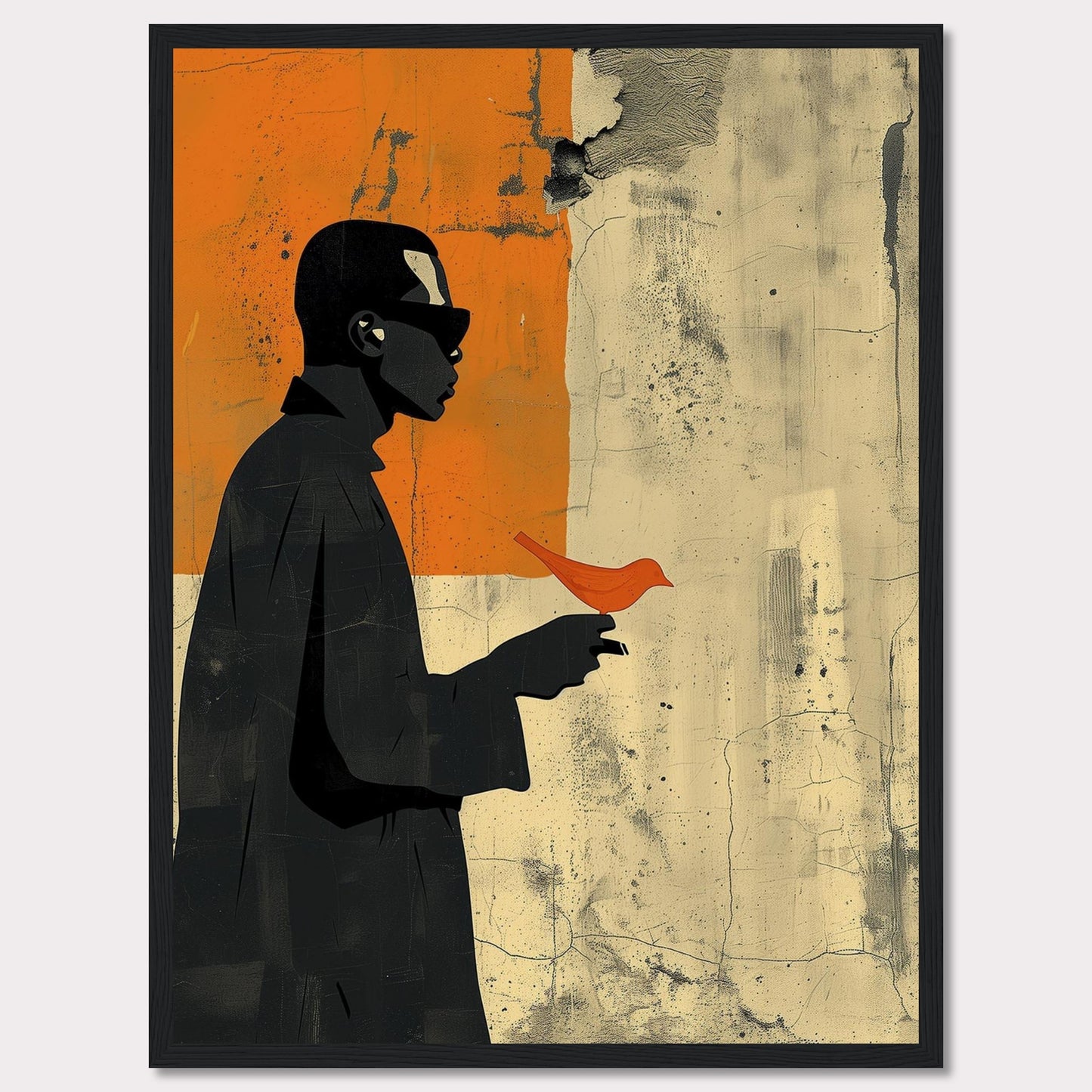 This striking artwork features a silhouette of a person holding a vibrant orange bird against a textured, abstract background. The contrast between the dark figure and the bright bird creates a powerful visual impact.