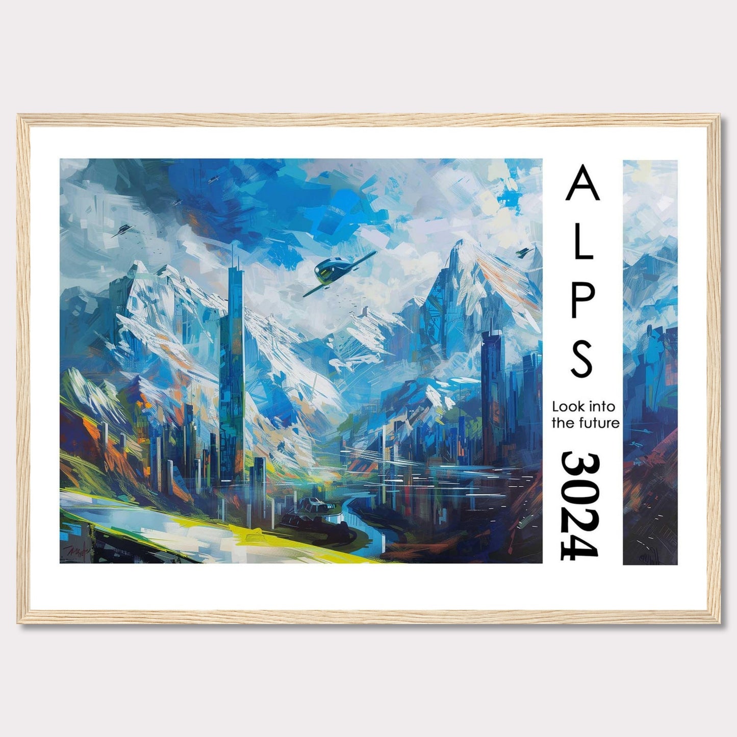 This artwork portrays a futuristic cityscape nestled within the majestic Alps, featuring towering skyscrapers, serene water bodies, and flying vehicles.