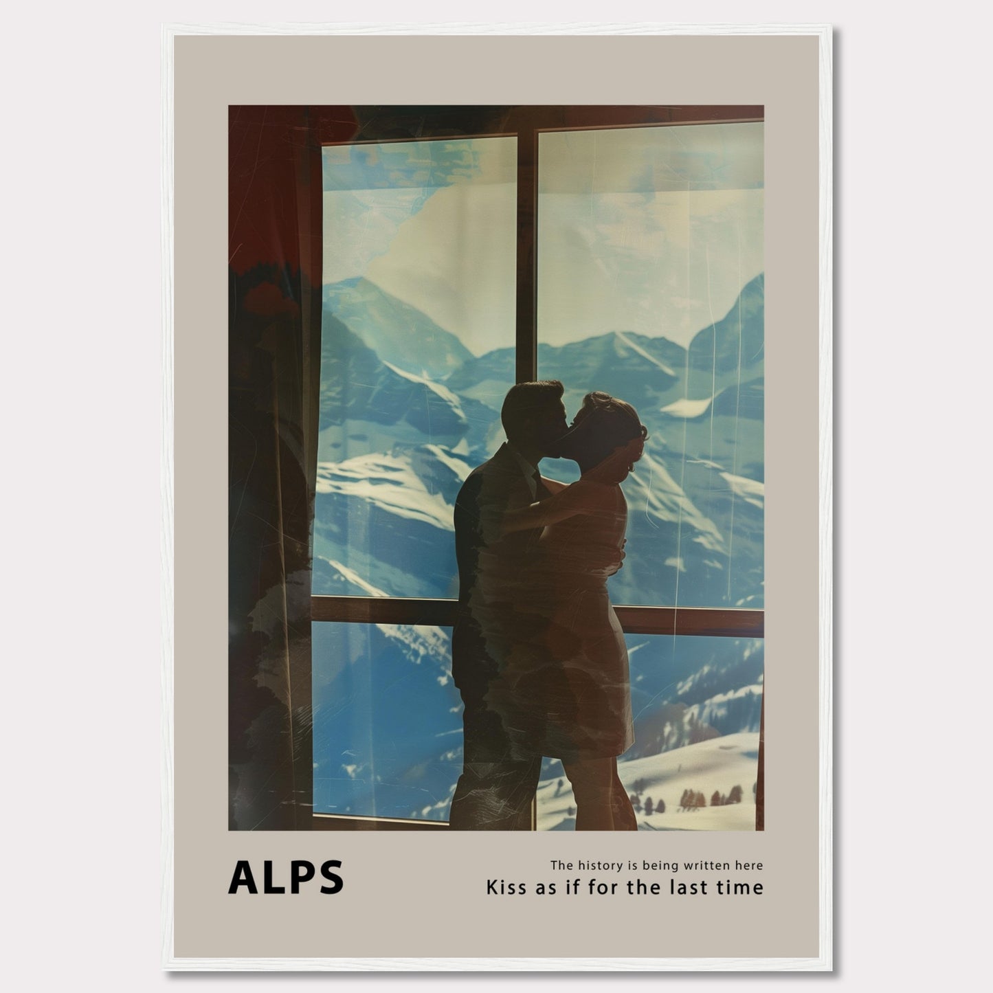 A romantic poster featuring a couple sharing a kiss with the breathtaking backdrop of the Alps visible through a large window. The serene snowy mountains and clear blue sky add to the emotional ambiance.